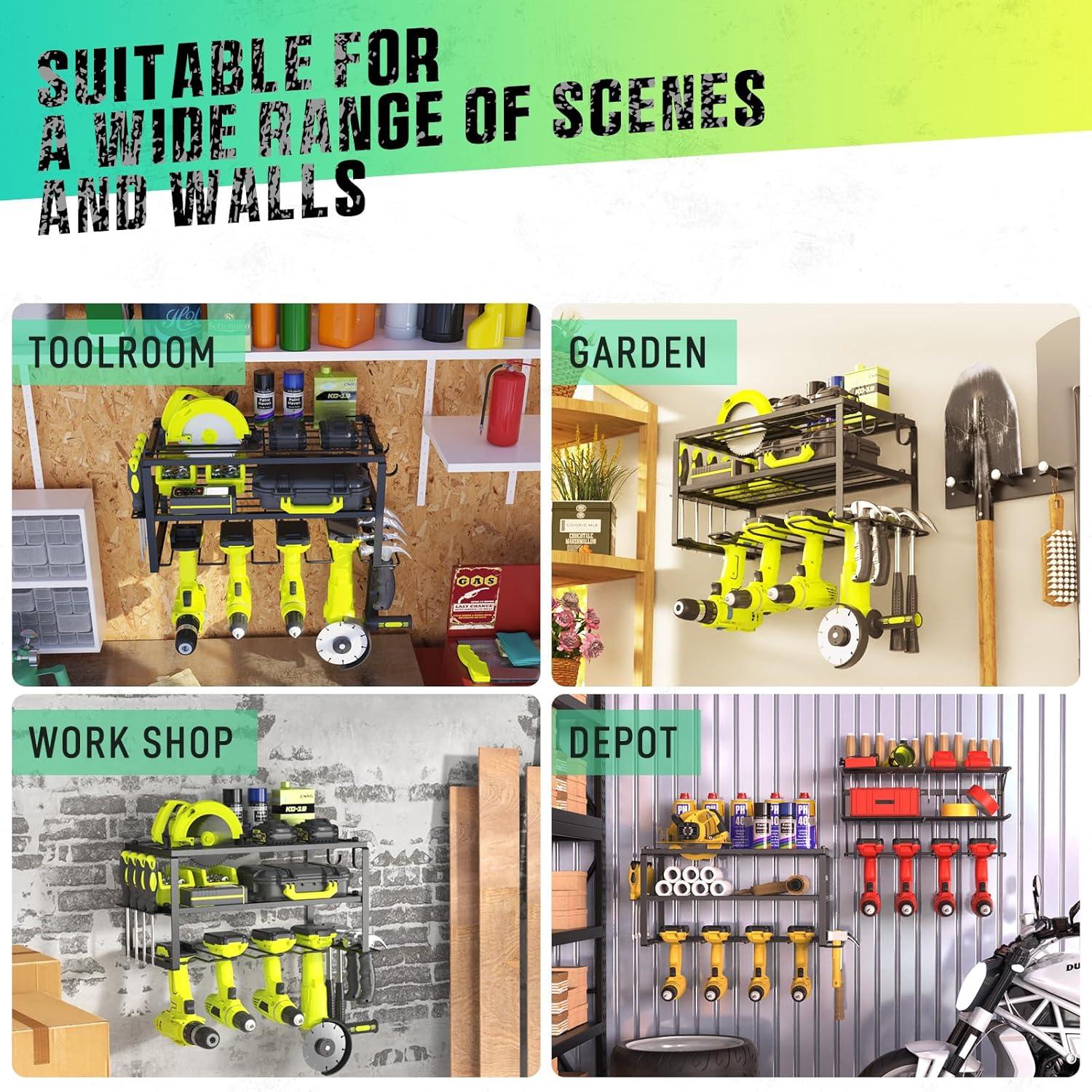 Power Tool Organizer, Heavy Duty Iron, 3 Layers Storage Rack with 4 Drill Holders, Floating Tool Shelf Wall Mounted, Matte Black, Work Shop, Garage, 150Lbs Load Capacity