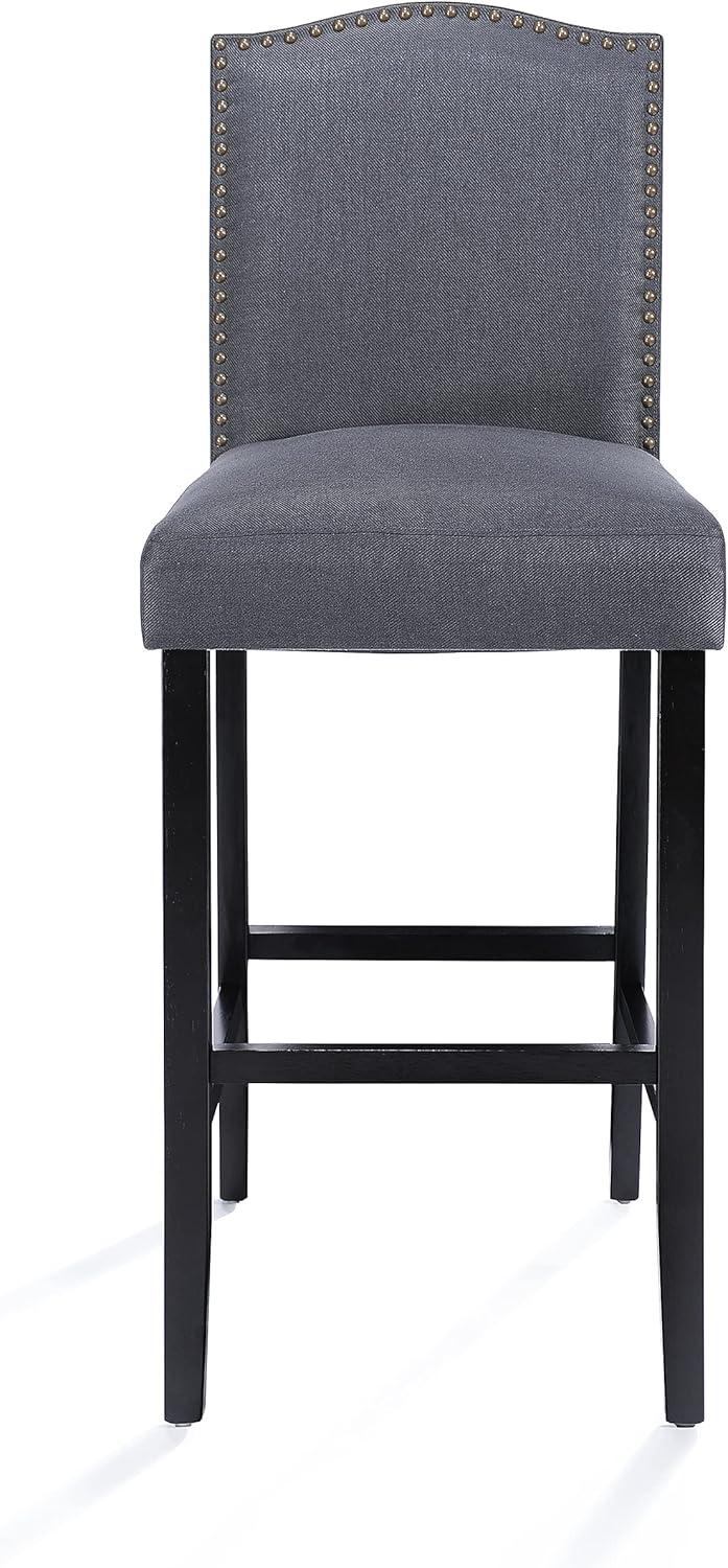 Dark Charcoal and Walnut Upholstered Barstools with Nailhead Trim, Set of 2