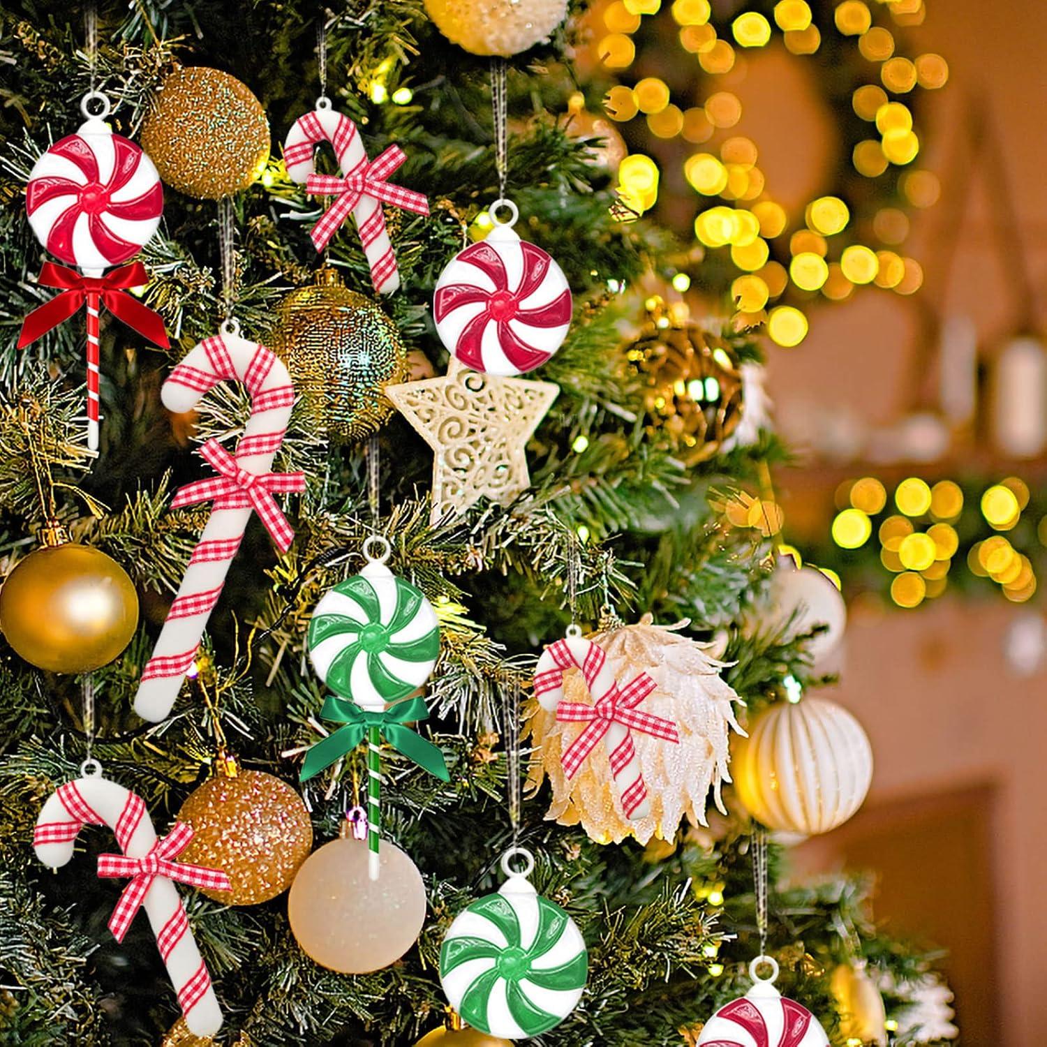 35 Pcs Shatterproof Christmas Candy Cane Decorations with Rope, Swirl Peppermint Lollipop Christmas Tree Hanging Ornaments, Colorful Acrylic Sweets Candy Pendant with Bow for Holiday Party Supplies