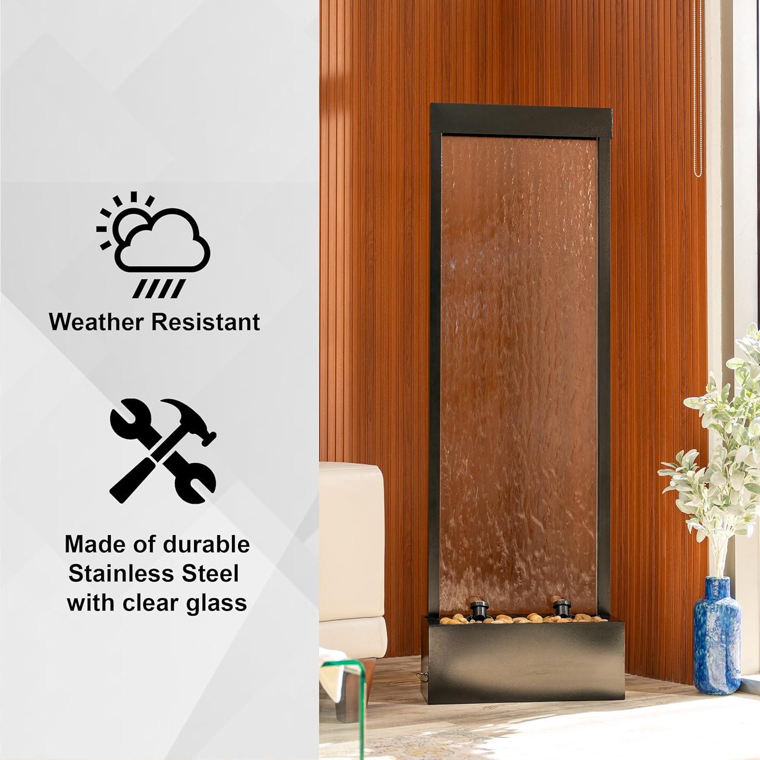 XBrand 68" H Freestanding Modern Indoor/Outdoor Waterfall Fountain w/ Decorative Rocks, LED Lights & Auto-Shut Off Pump, Aluminum/Clear Glass, Black