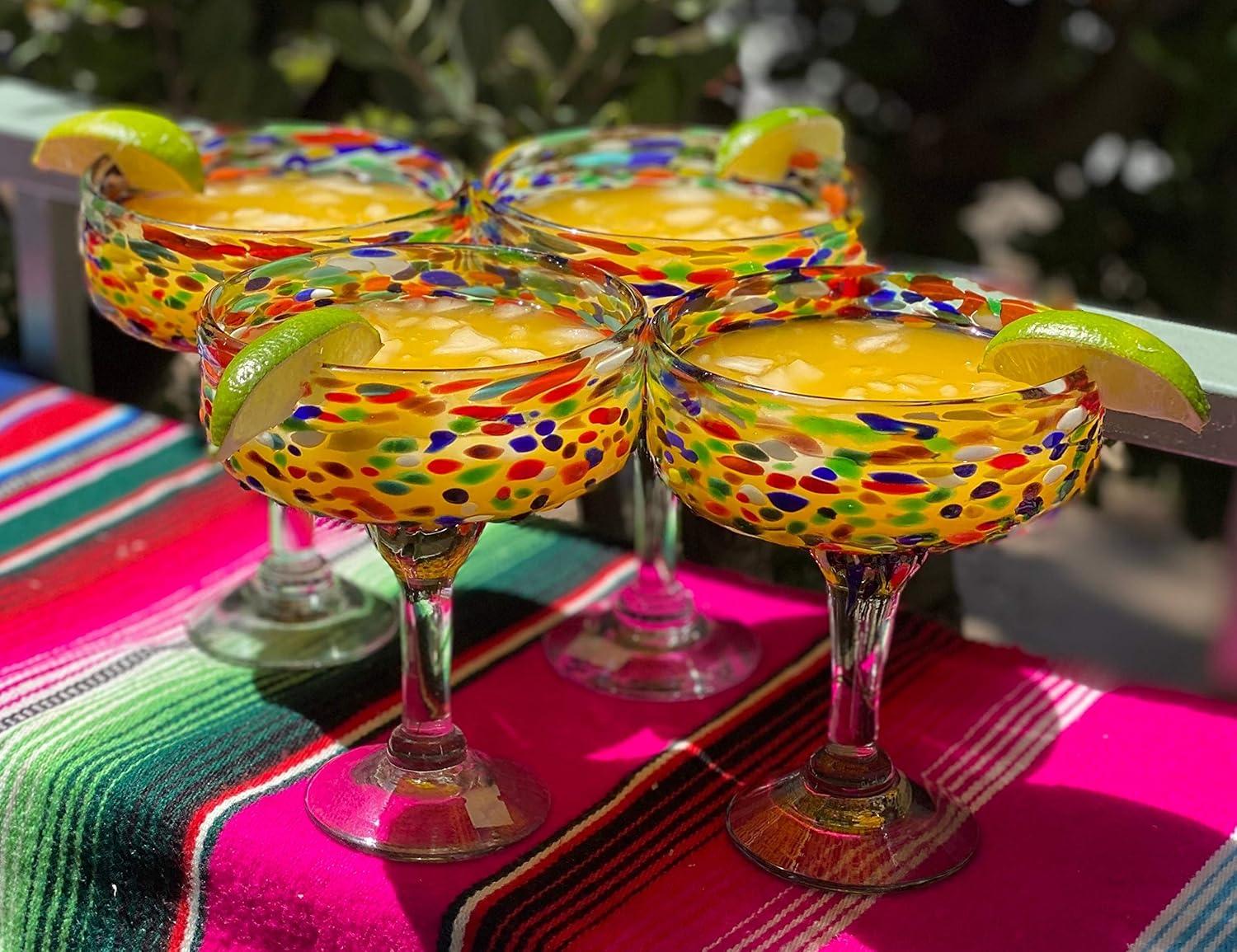 Mexican Hand Blown Glass – Set of 4 Hand Blown Margarita Glasses Confetti Rock (16 oz)