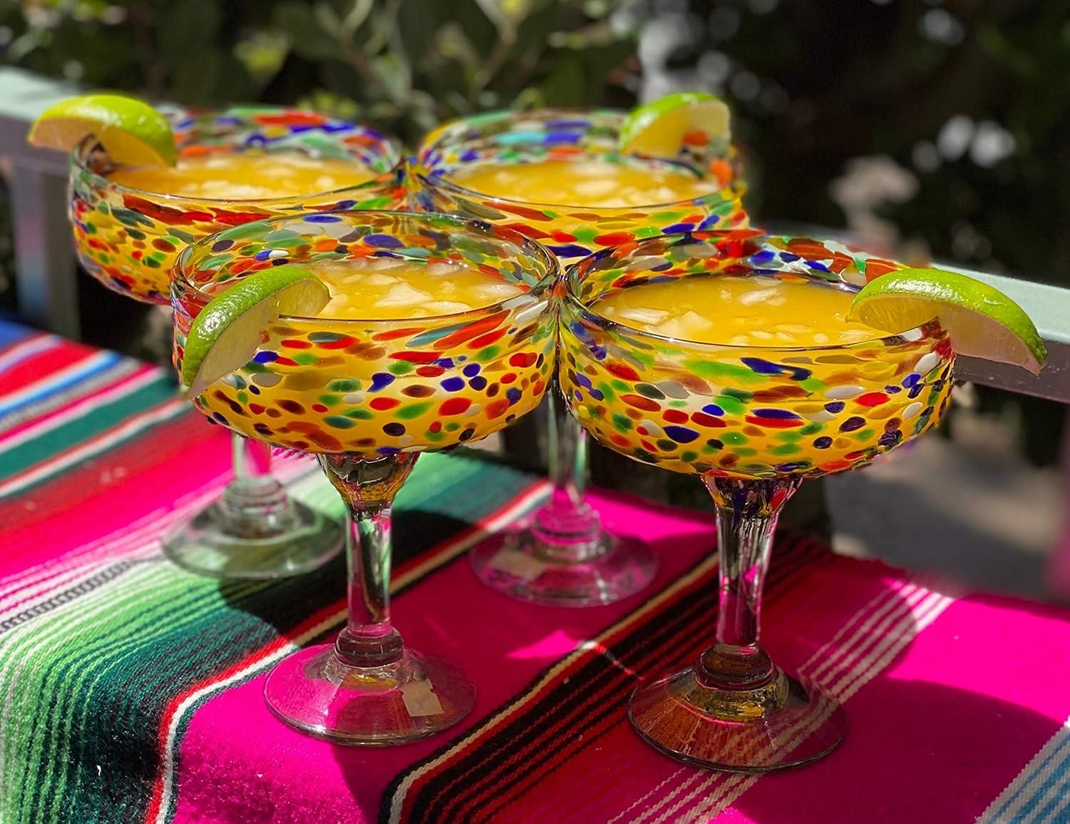 Hand-Blown Multicolor Confetti Margarita Glasses Set of 4