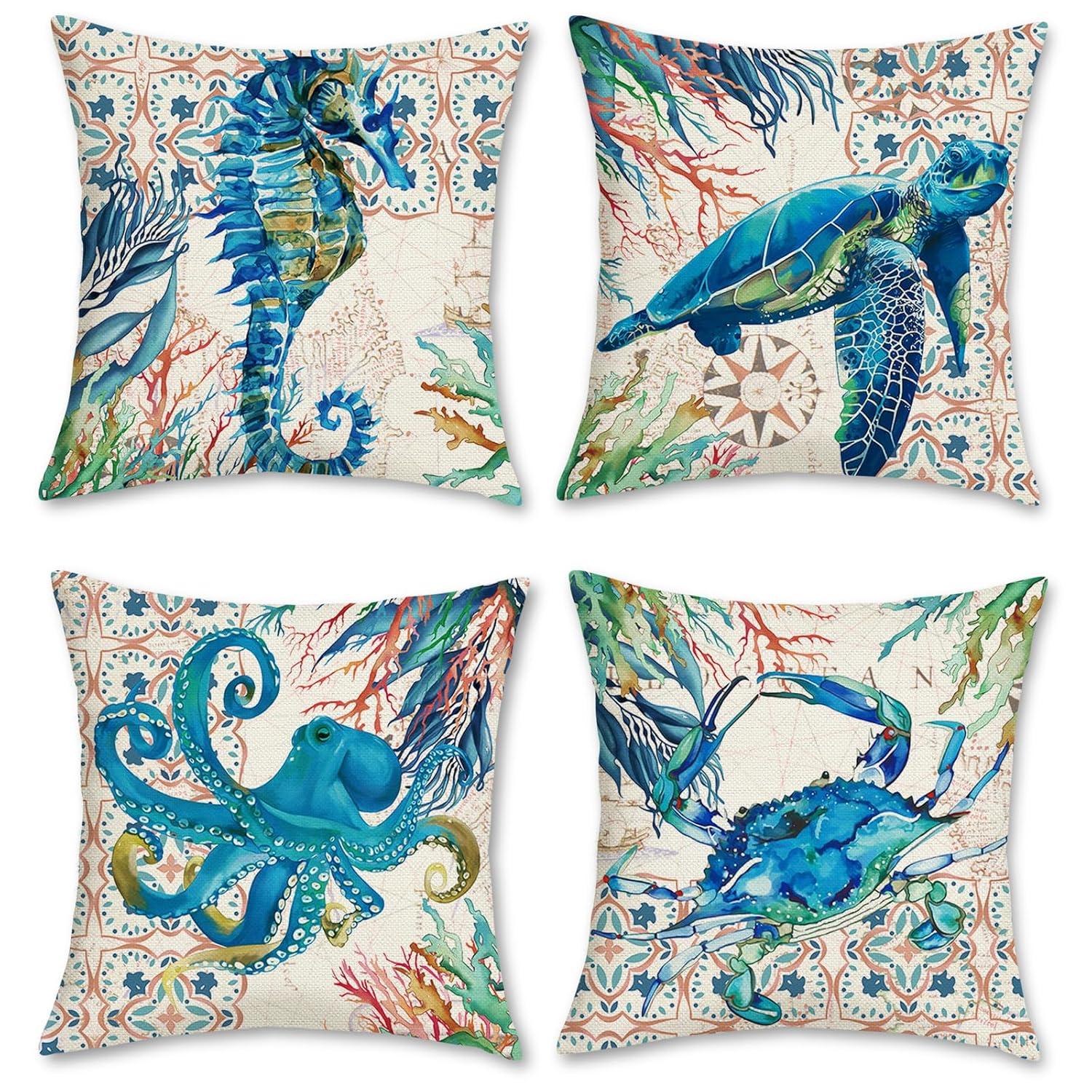 Bonhause Nautical Coastal Ocean Throw Pillow Covers 18 x 18 Inch Set of 4 Sea Turtle Seahorse Octopus Outdoor Decorative Pillow Cases Polyester Linen Cushion Covers for Sofa Couch Bedroom Home Décor