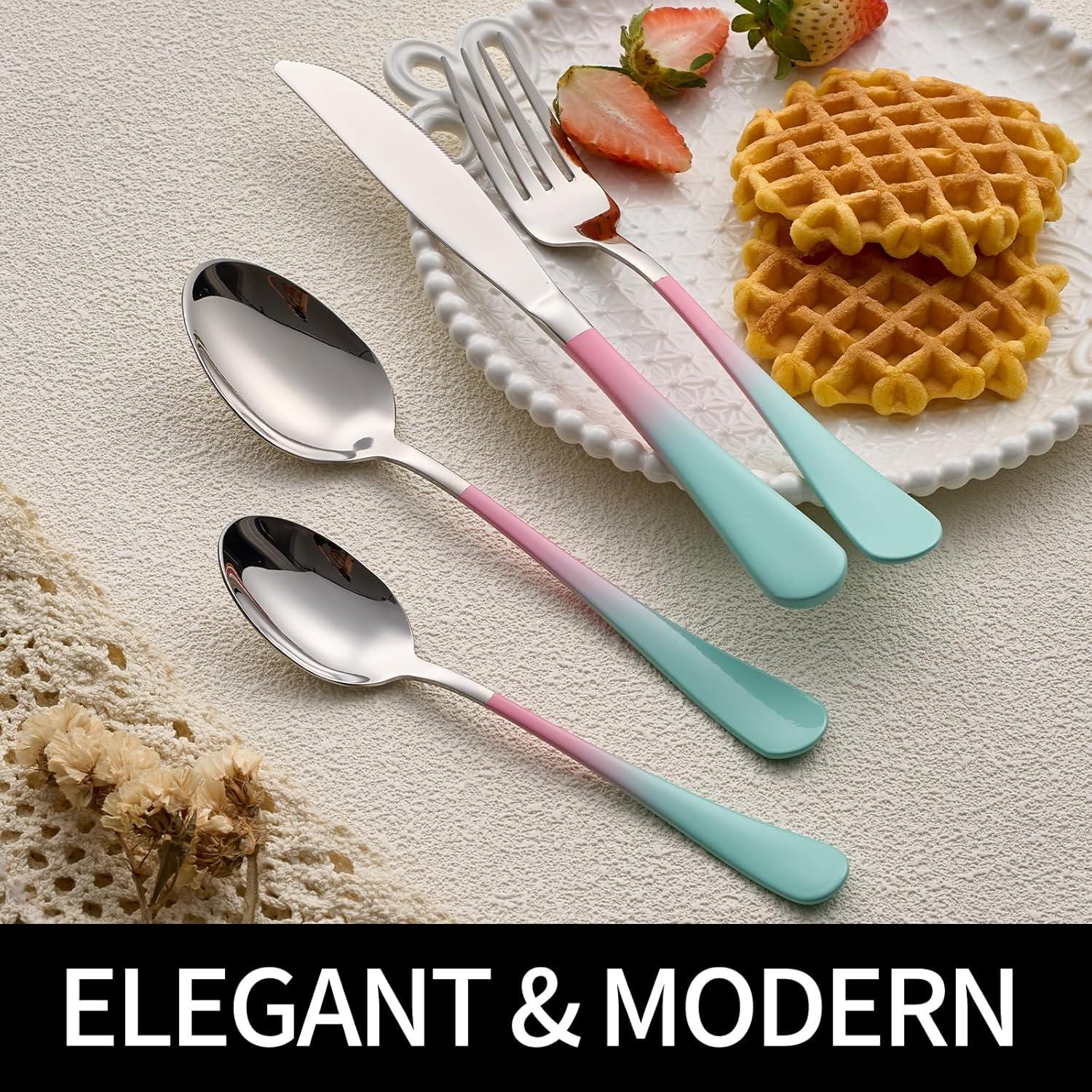 20-Pieces color Silverware Sets for 4,Pink and Green Handle Stainless Steel Cutlery Set, Include Forks Spoons and Knives Set, Dishwasher Safe Utensil Sets for Home Restaurant