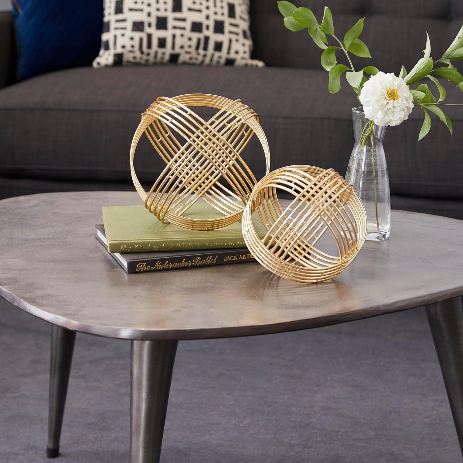 Elegant Gold Geometric Metal Orb Sculptures, Set of 2