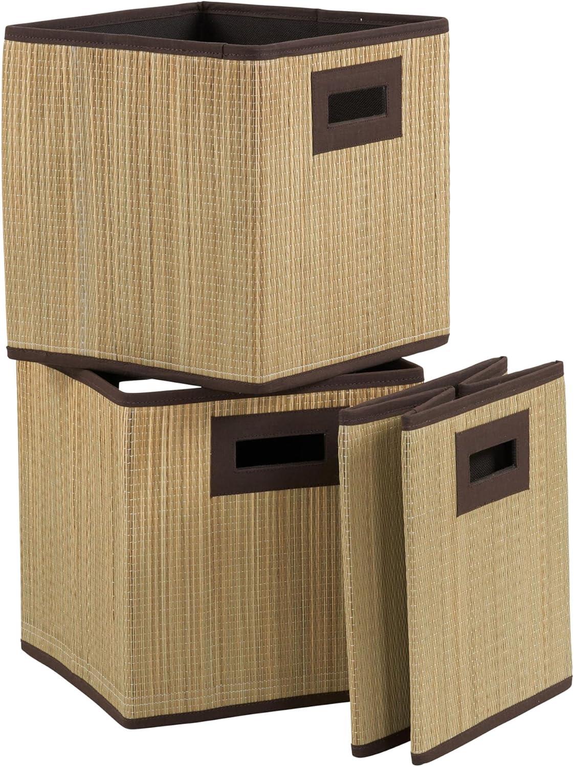 Brown Grass Cloth Fabric Foldable Storage Cubes, Set of 3