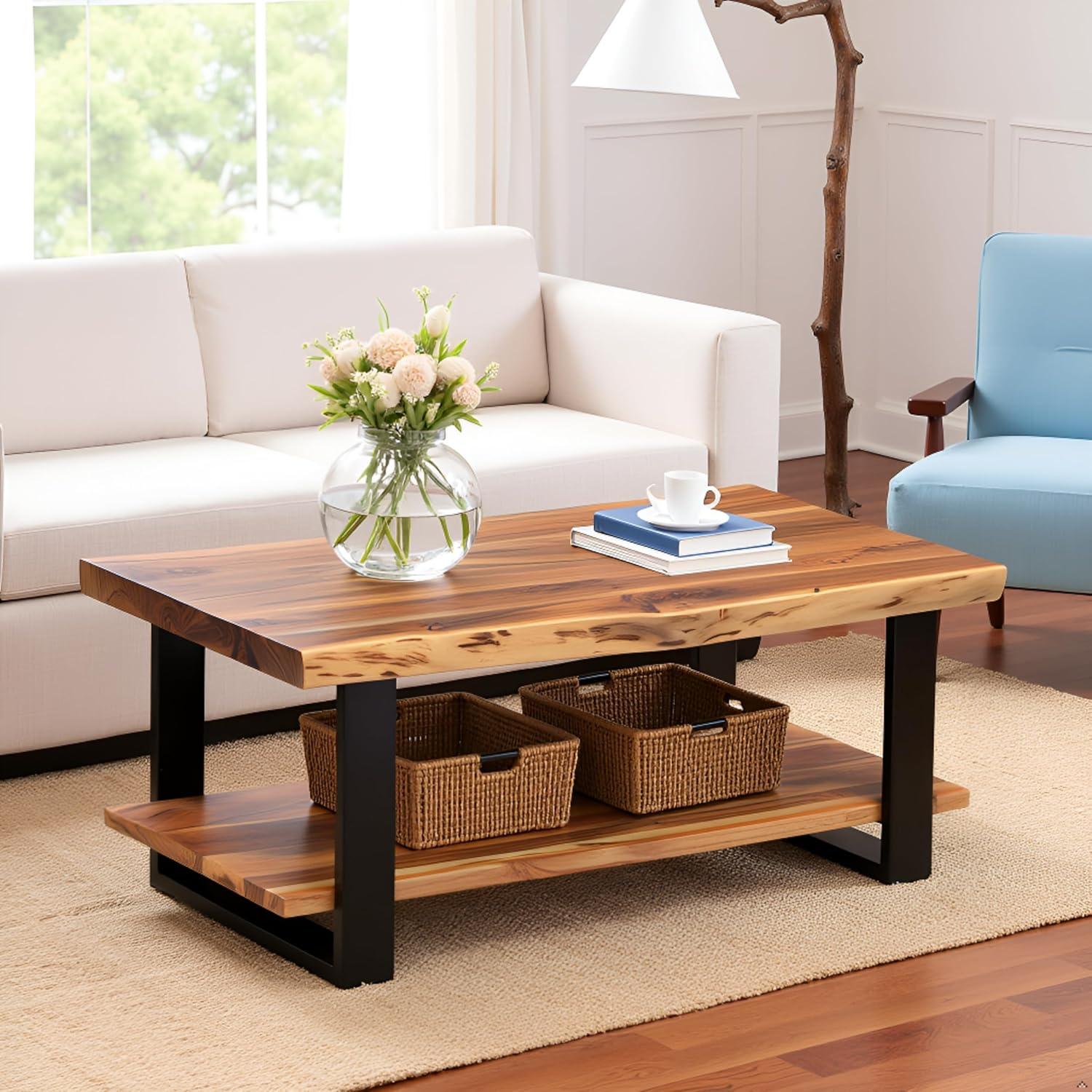 Alpine Live Edge Wood Coffee Table Natural - Alaterre Furniture: Acacia Sofa Table, Metal Legs, Rectangular