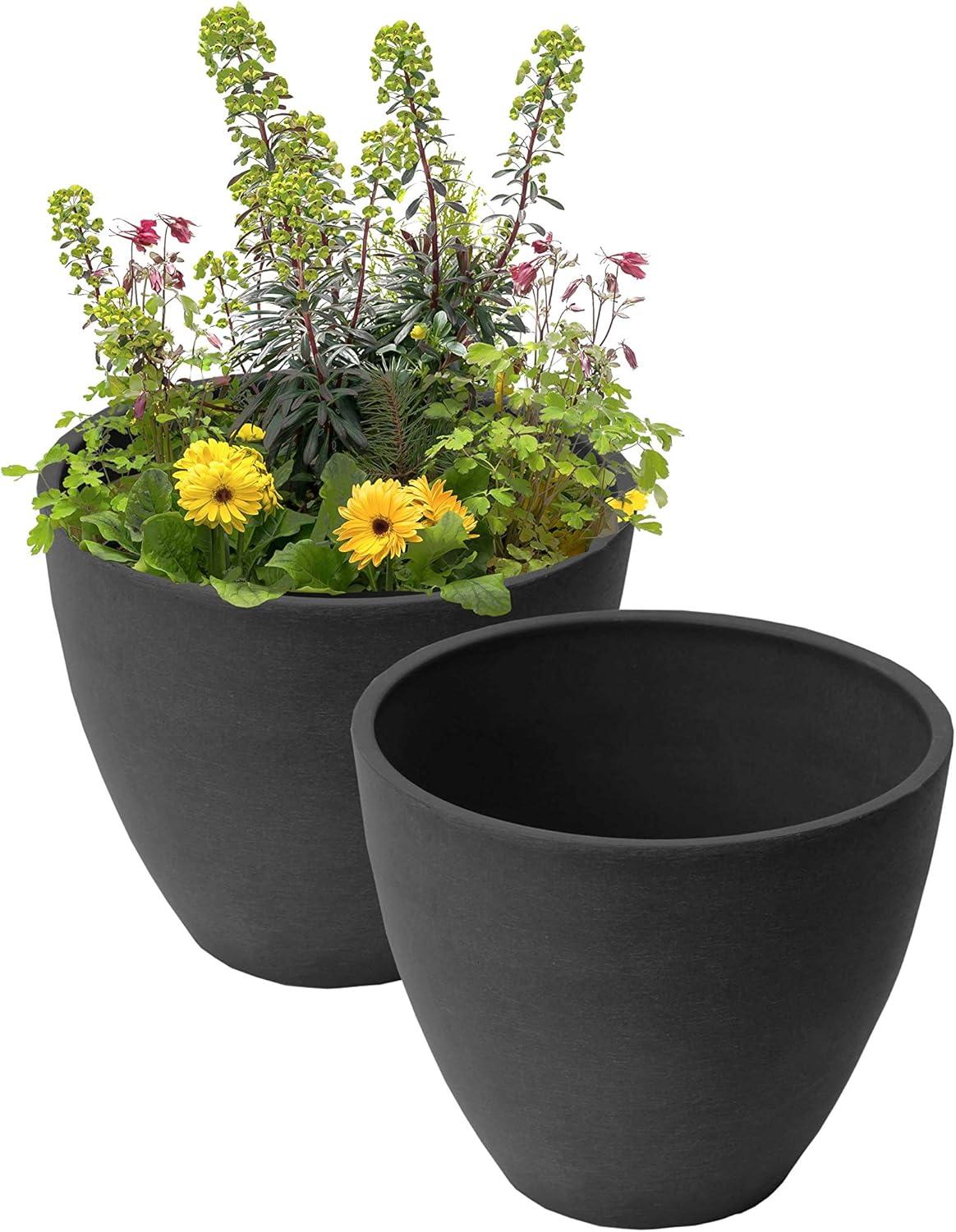 Spun Charcoal Small Round Composite Resin Planters, 2 Pack