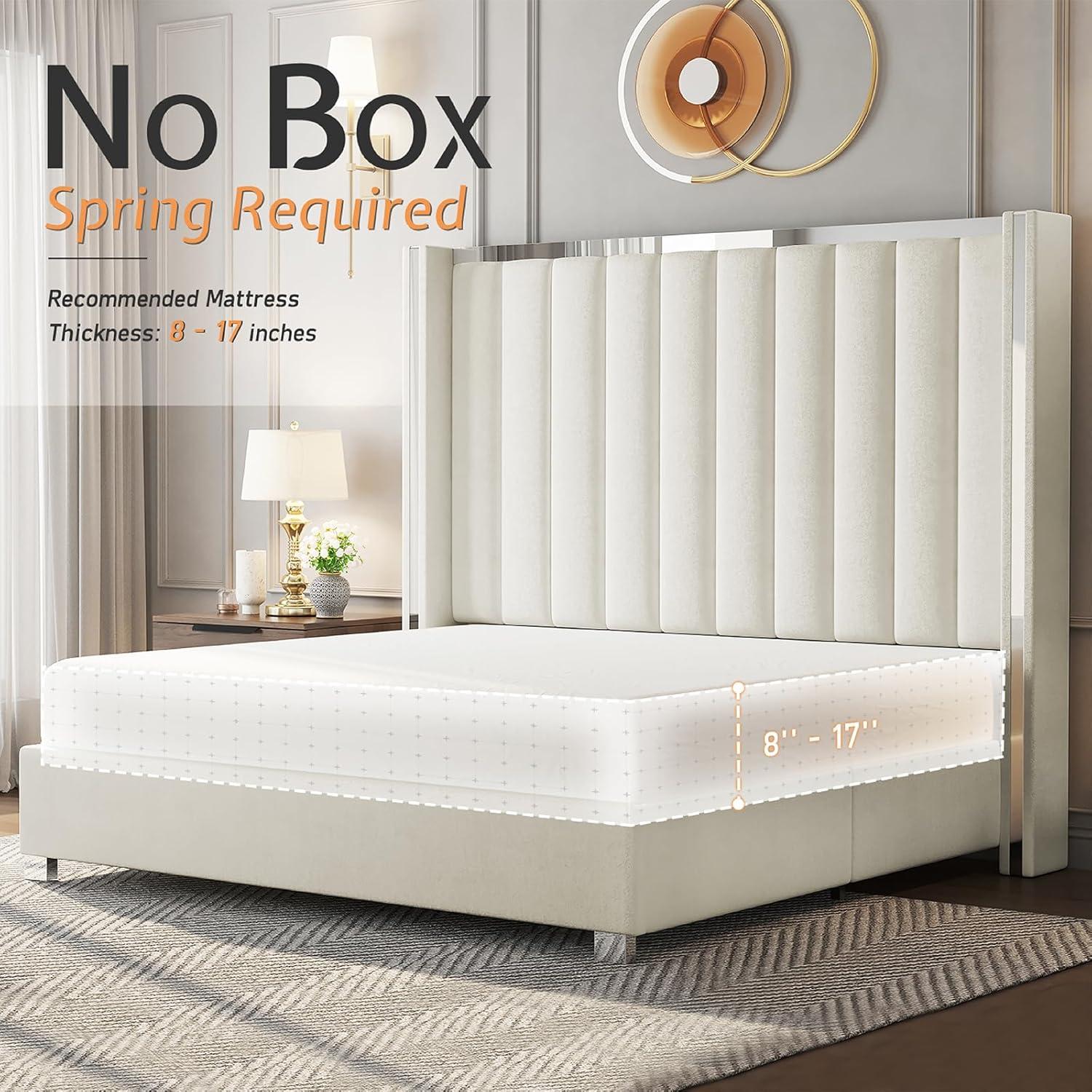 Merluxy Queen Bed Frame with 58" Tall Headboard,Silver Plating Trim,Velvet Upholstered,Cream