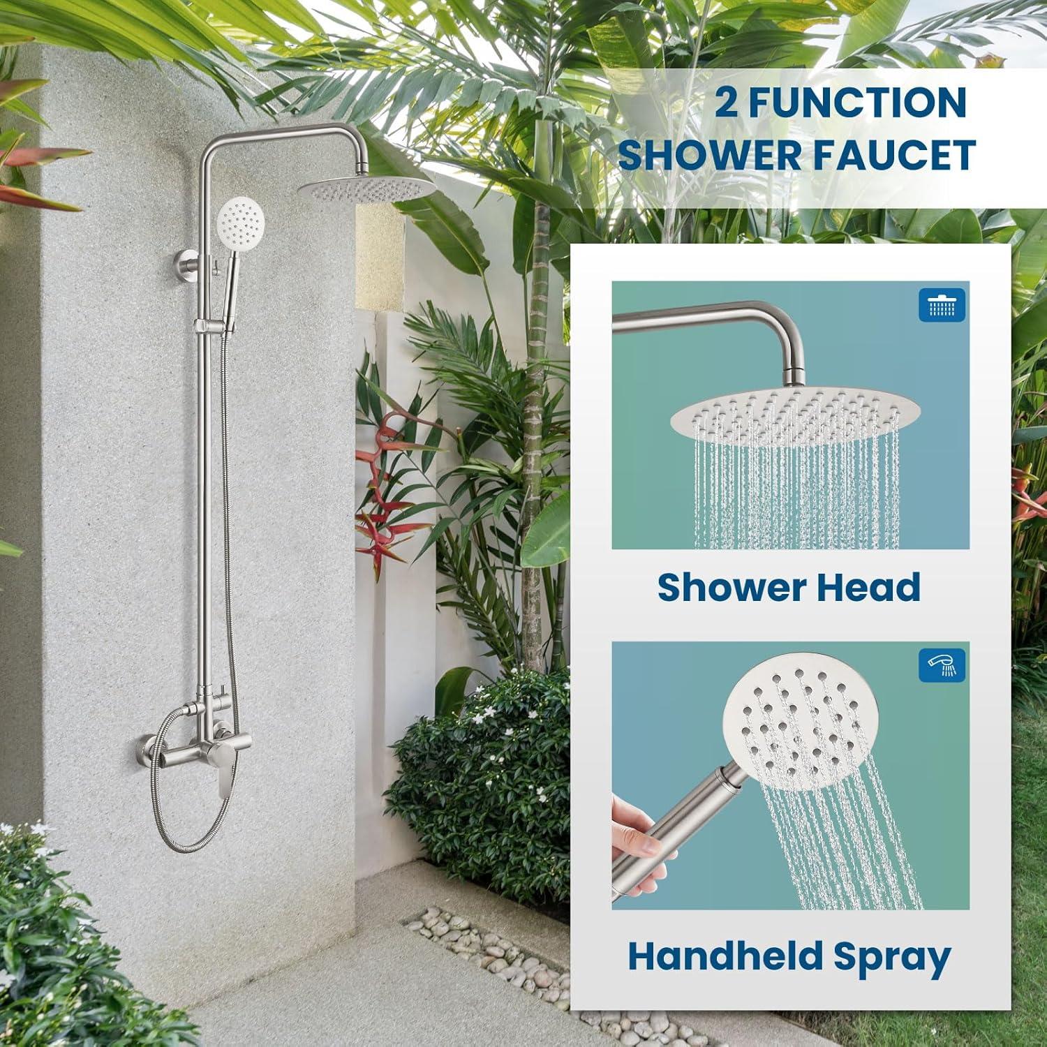 gotonovo SUS304 Outdoor Shower Fixture High Pressure Shower System Wall Mount 2 Dual Function Single Handle Shower Kit with 8 Inch Shower Head and Handheld Spray Shower Faucet Combo, Matte Black