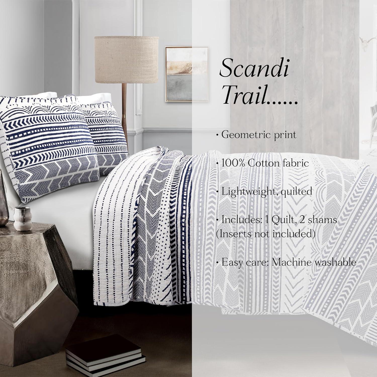 Lush Décor 3pc King Hygge Geo Reversible Quilt & Sham Set Navy/White: STANDARD 100 OEKO-TEX Certified