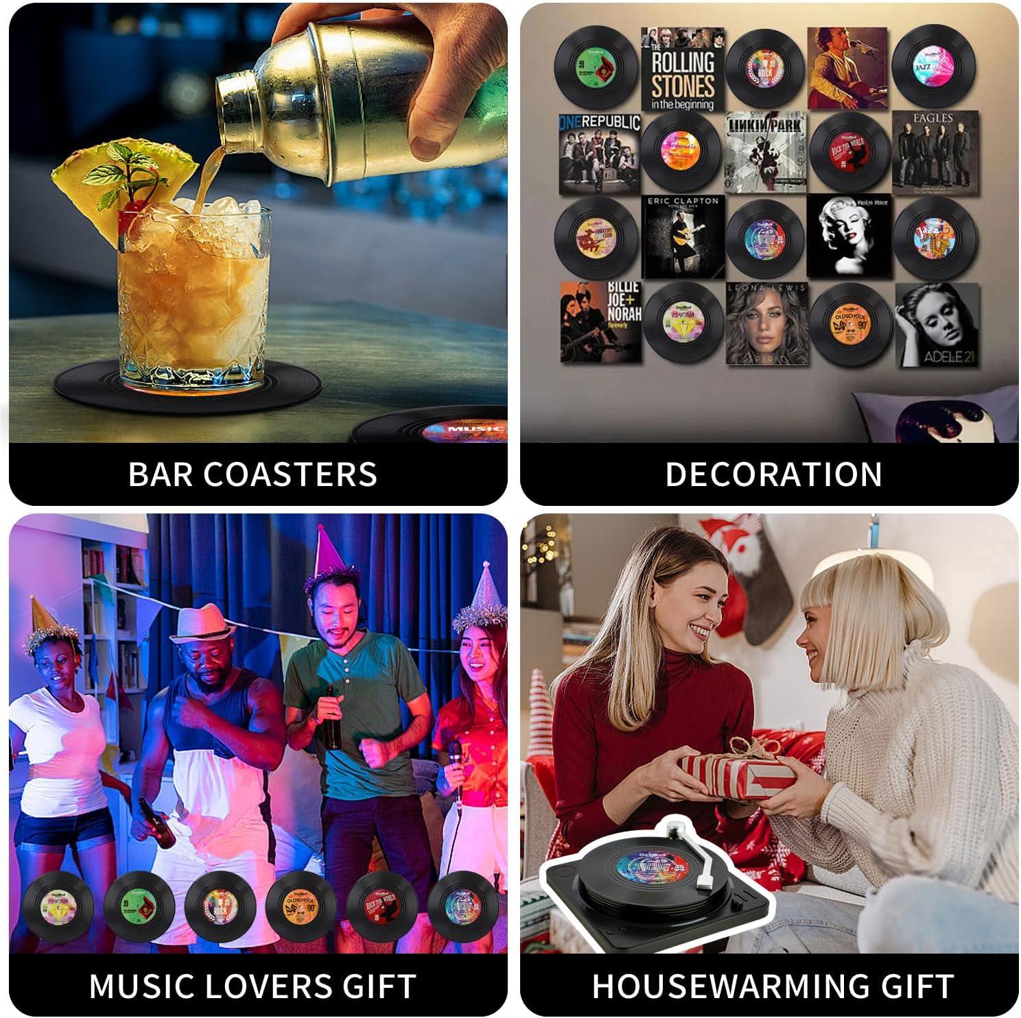 Funny Retro Record Coasters for Drinks with Vinyl Player Holder for Music Lovers,Set of 6 Conversation Piece Sayings Drink Coaster,Housewarming Hostess Wedding Registry Gift Ideas