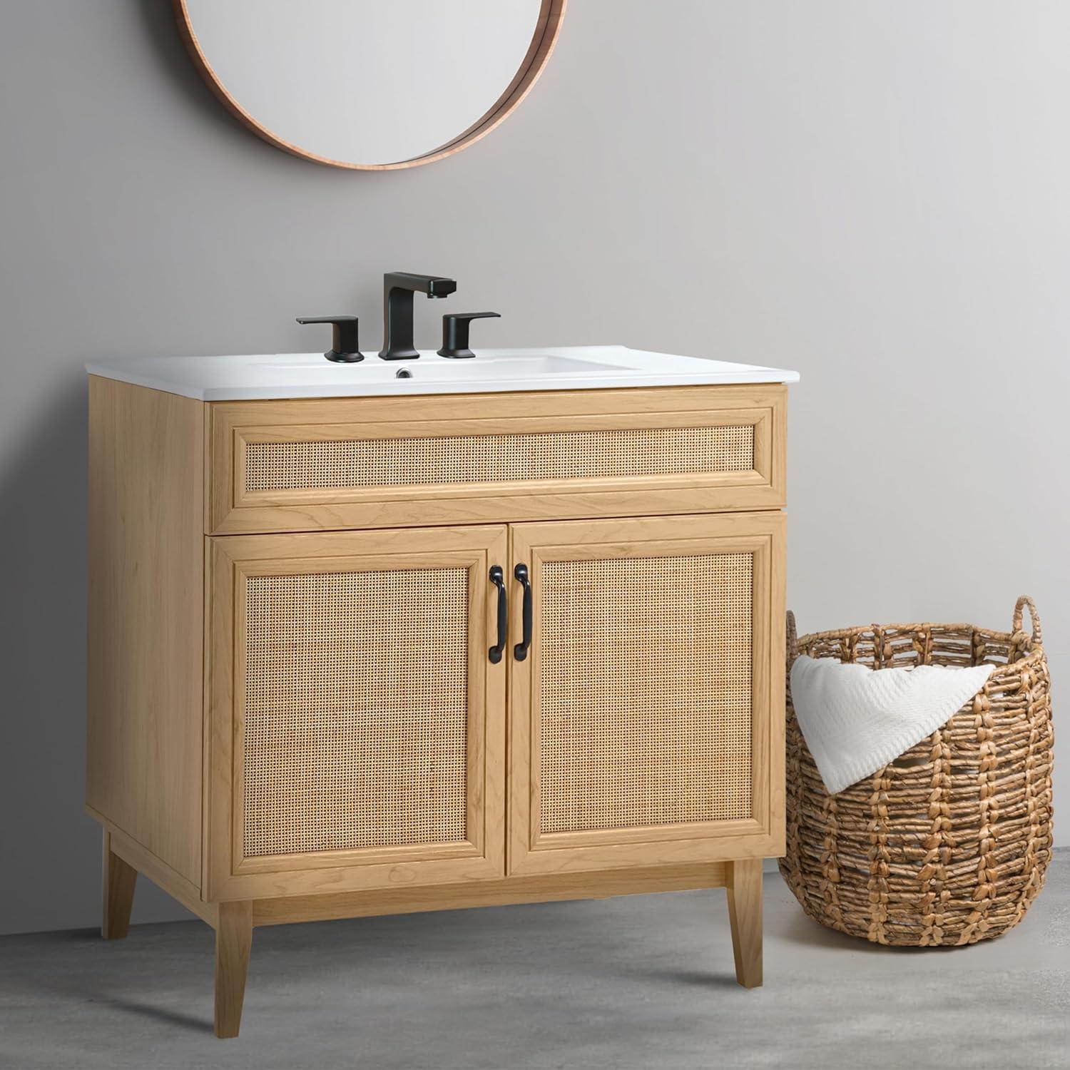 Javer 36" Rattan Modern Farmhouse 2-Shelf Bath Vanity Cabinet Only (Sink Basin not Included)