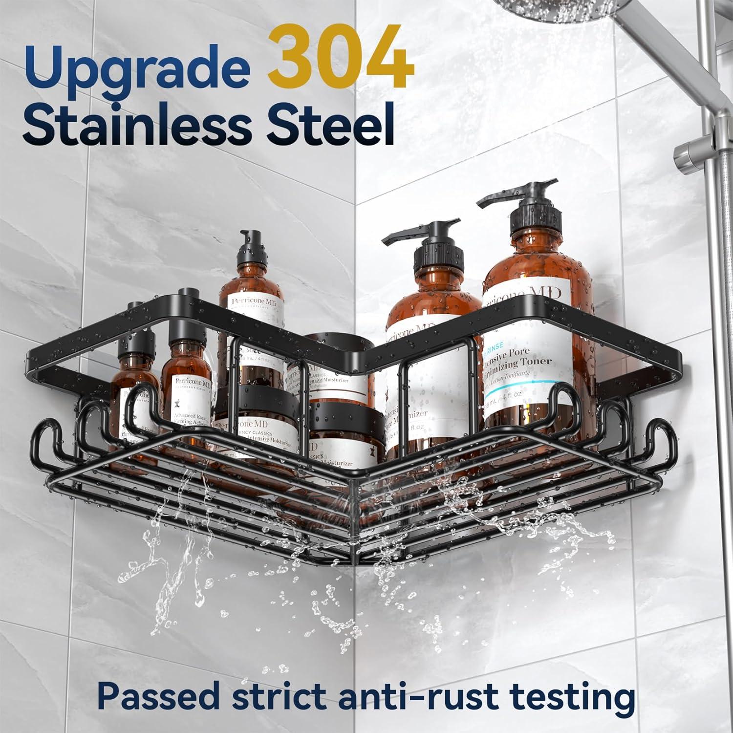 Rebrilliant 3-Pack Corner Adhesive Shower Caddy with Soap Holder & 12 Hooks, Stainless Steel