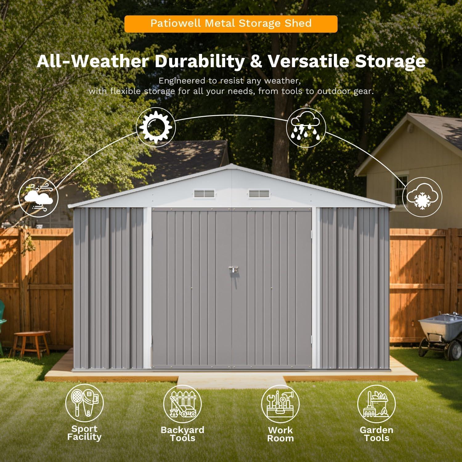 Patiowell 12'x10' Outdoor Storage Shed with Design of Double Lockable Doors Roof ,Utility Storage, Gray