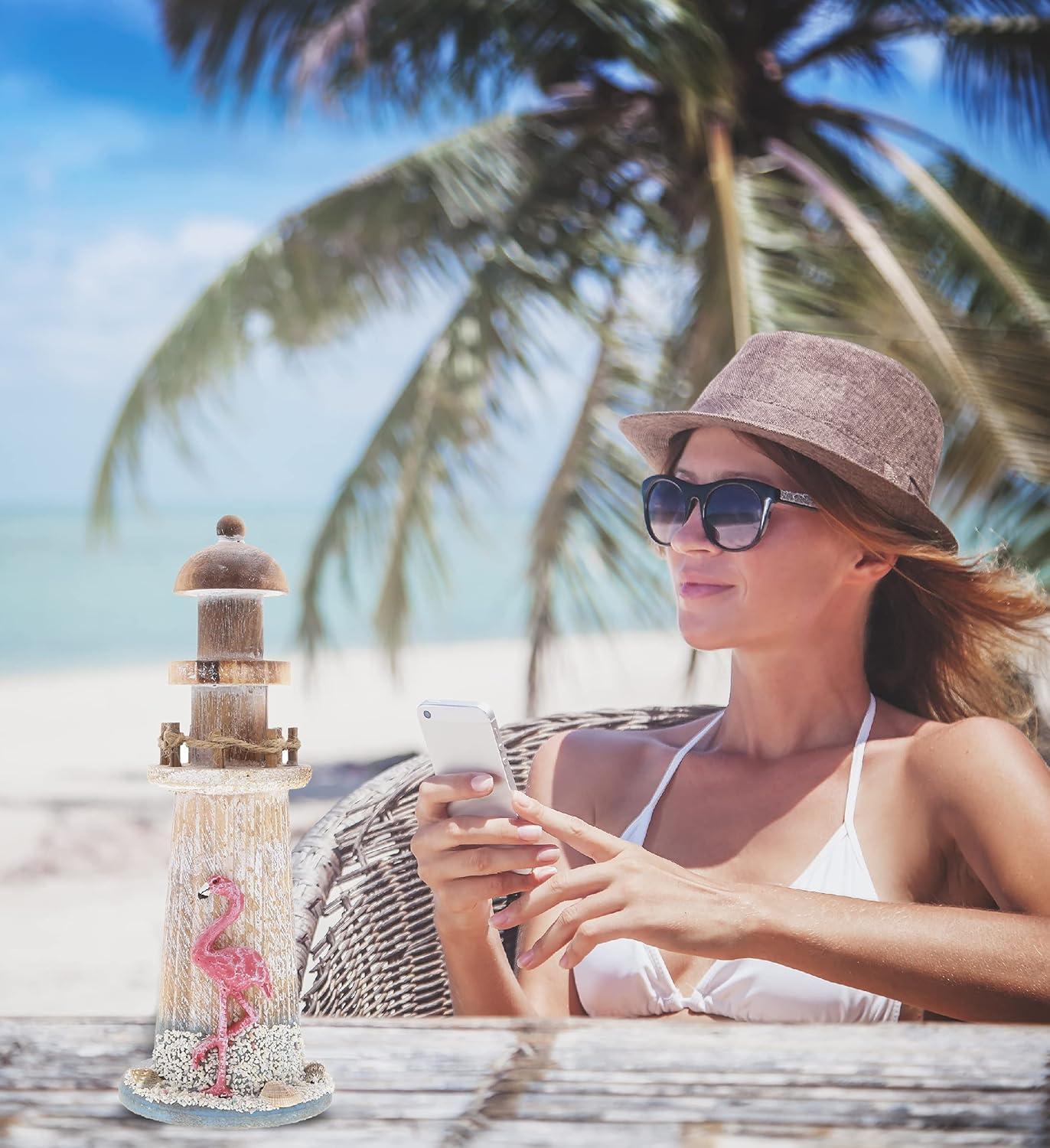 CoTa Global Flamingo Beach Lighthouse Decor - Handmade and Crafted Wooden Lighthouse Decoration with Sea Shells, Decorative Beach Style Tabletop Centerpiece, Nautical Themed Home Decor - 8.5 Inch