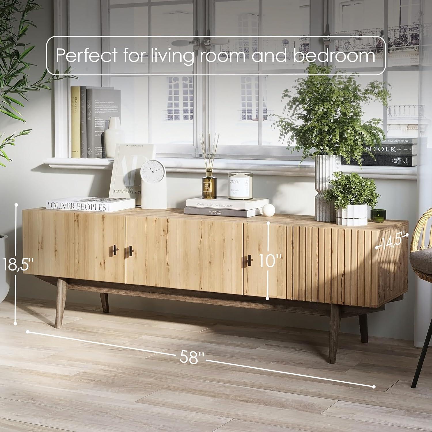 Living Skog  Chelsea Brown TV Stand Fits for TV's up to 65 in. with Slatted Design and Wood Legs light brown Matte Laminate