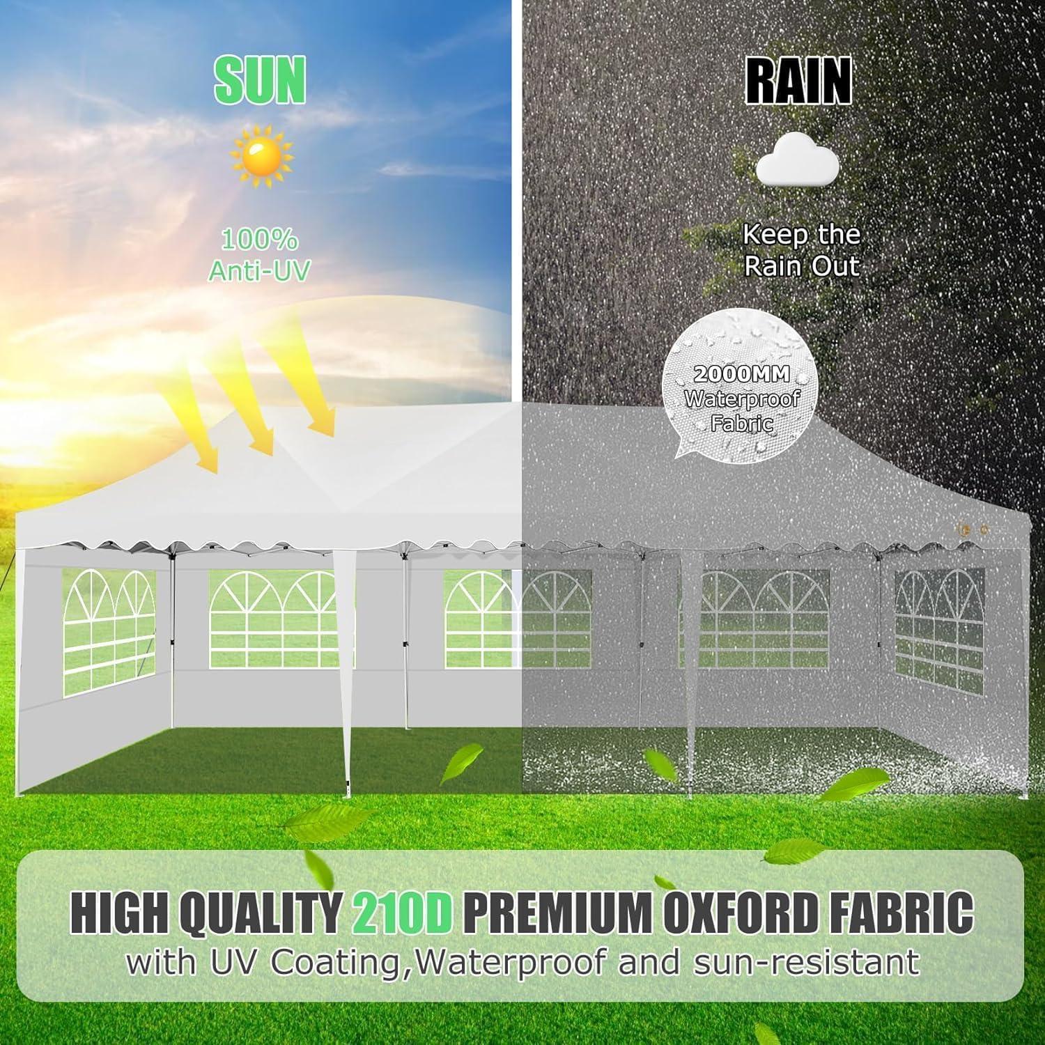 10'x30' EZ Outdoor Pop Up Canopy Tent, Waterproof and Sunproof Beach Canopy with 8 Removable Sidewalls, Heavy Duty Party Wedding Canopy, Height Adjustable Comes with 4 Sandbags, Rolling Bag (White)