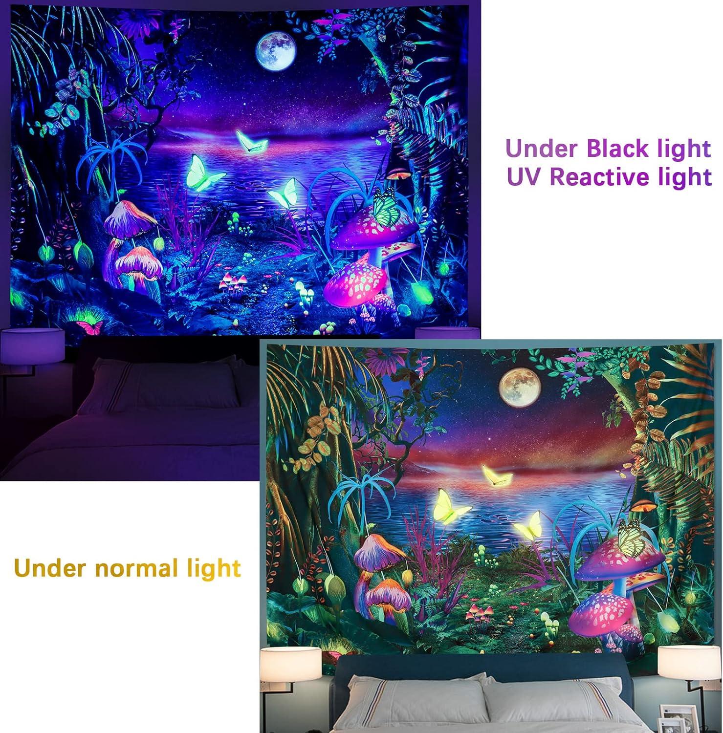 Serborlur Blacklight Fantasy Forest Tapestry Aesthetic Moon Tapestry UV Reactive Butterfly Tapestries Galaxy Space Tapestry Wall Hanging for Bedroom Living Room (59.1 × 78.7 inches)