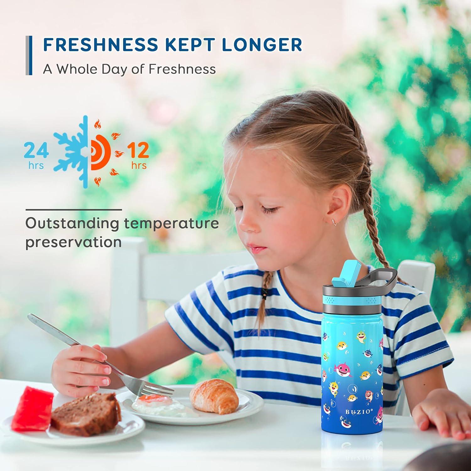 Buzio Insulated Water Bottle with Straw for Kids, 2 Lids Double Vacuum Metal Water Bottle, 14 Ounce, Blue Shark