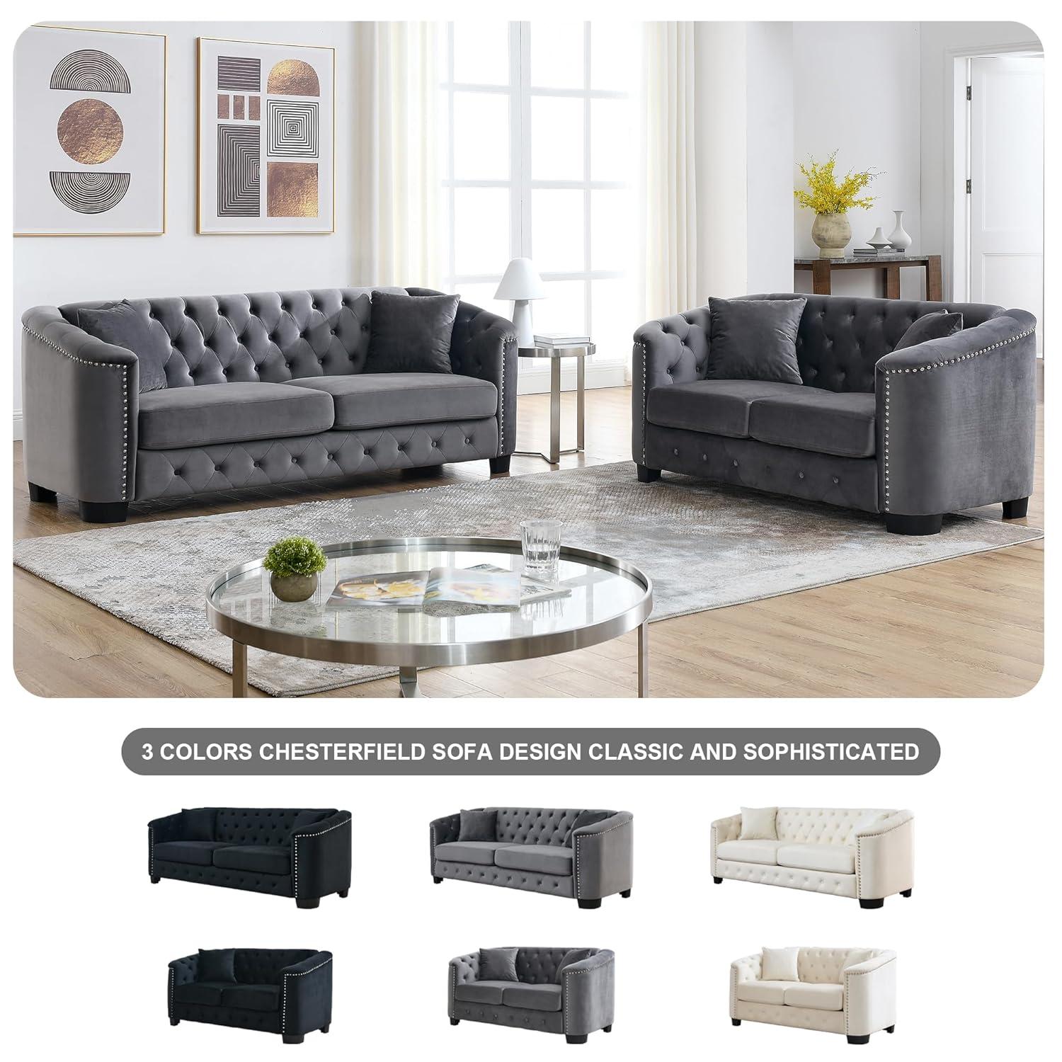 House of Hampton® House of Hampton® 2 Piece Chesterfield Sofa Set, Upholstered 77" Velvet 3 Seater Sofa + 59" Velvet Loveseat