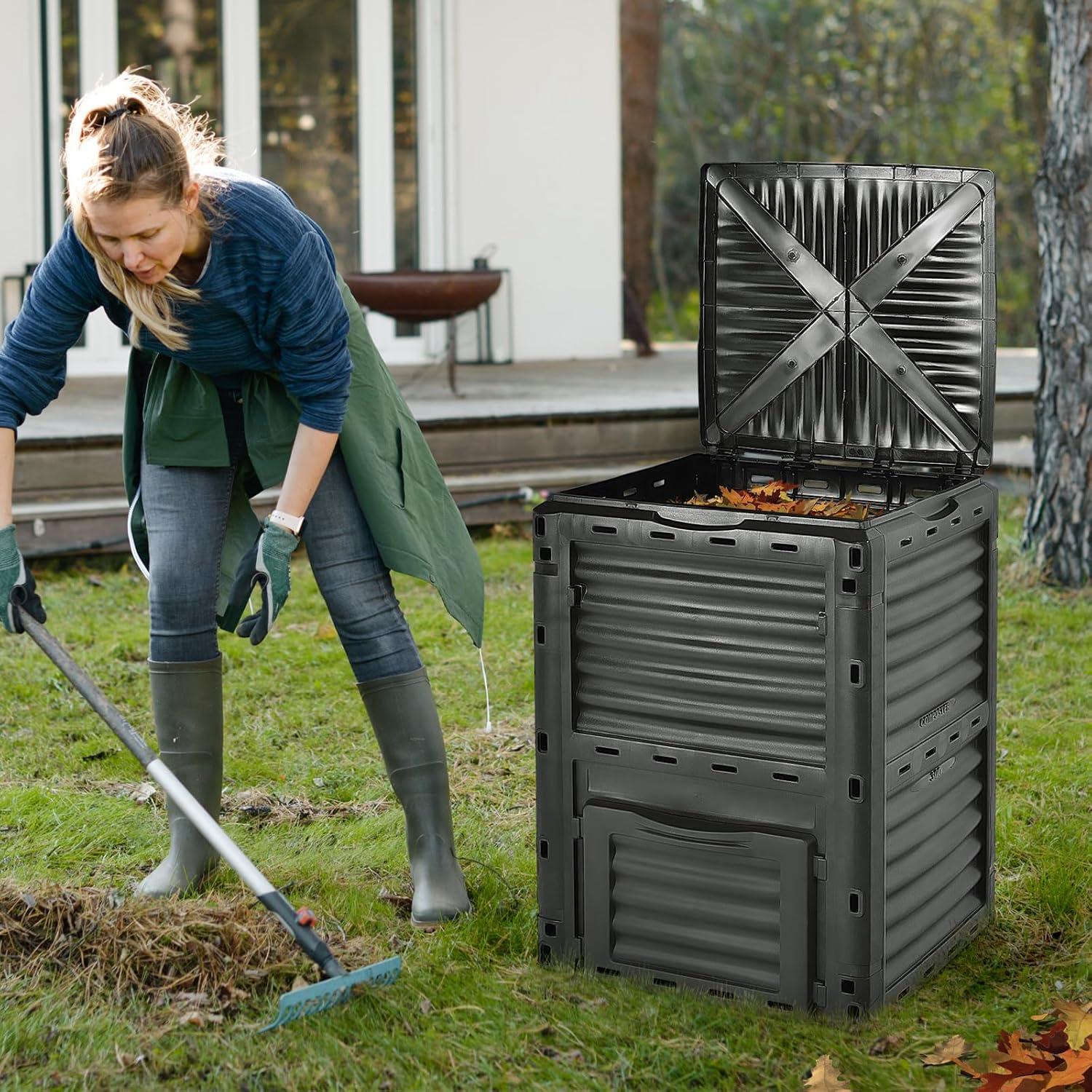 Tangkula 80-Gallon Outdoor Composter W/ Large Openable Lid & Bottom Exit Door