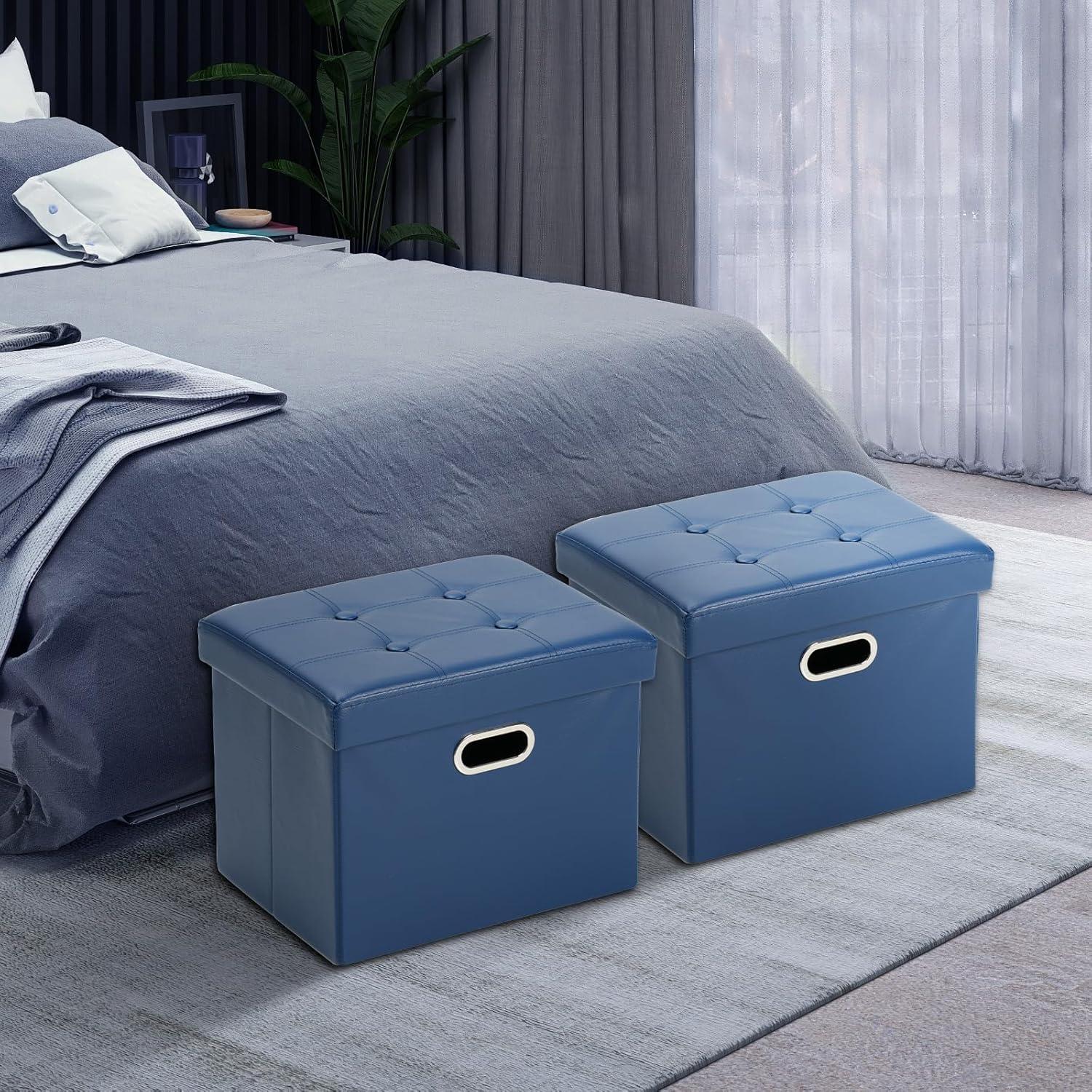 COSYLAND Storage Ottoman 17x13x13in Leather Ottoman Rectangle Footrest Footstool Folding Ottoman for Room Dorm Small Collapsible Bench Seat Organizer Entryway Furniture with Handles Lid Royal Blue
