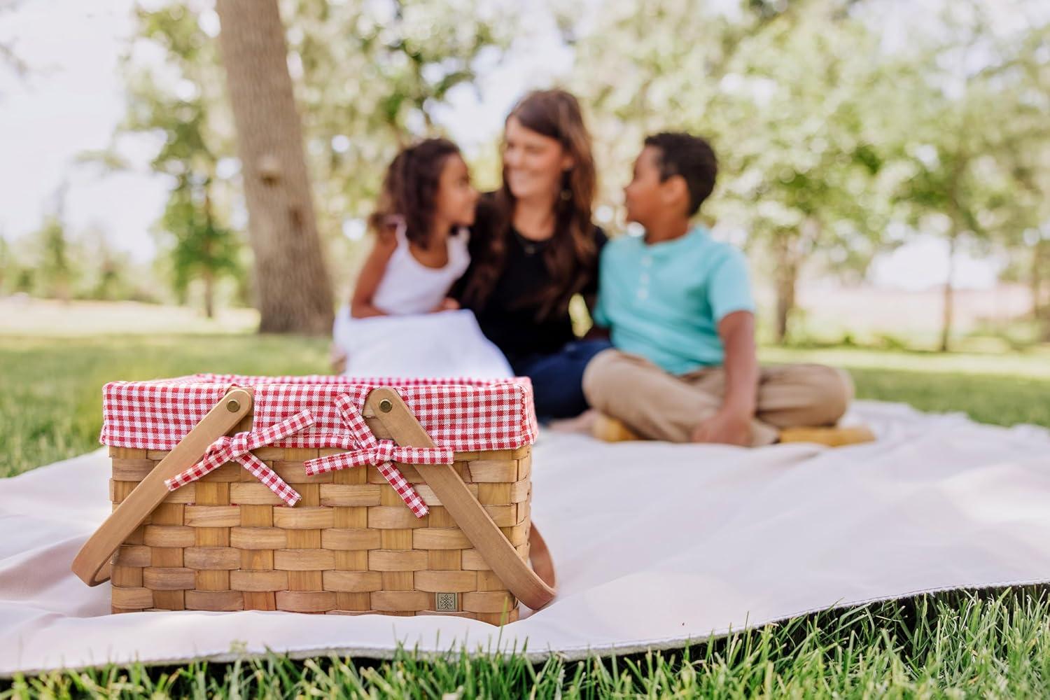 Natural Wicker Picnic Basket with Red Gingham Liner and Bamboo Serveware