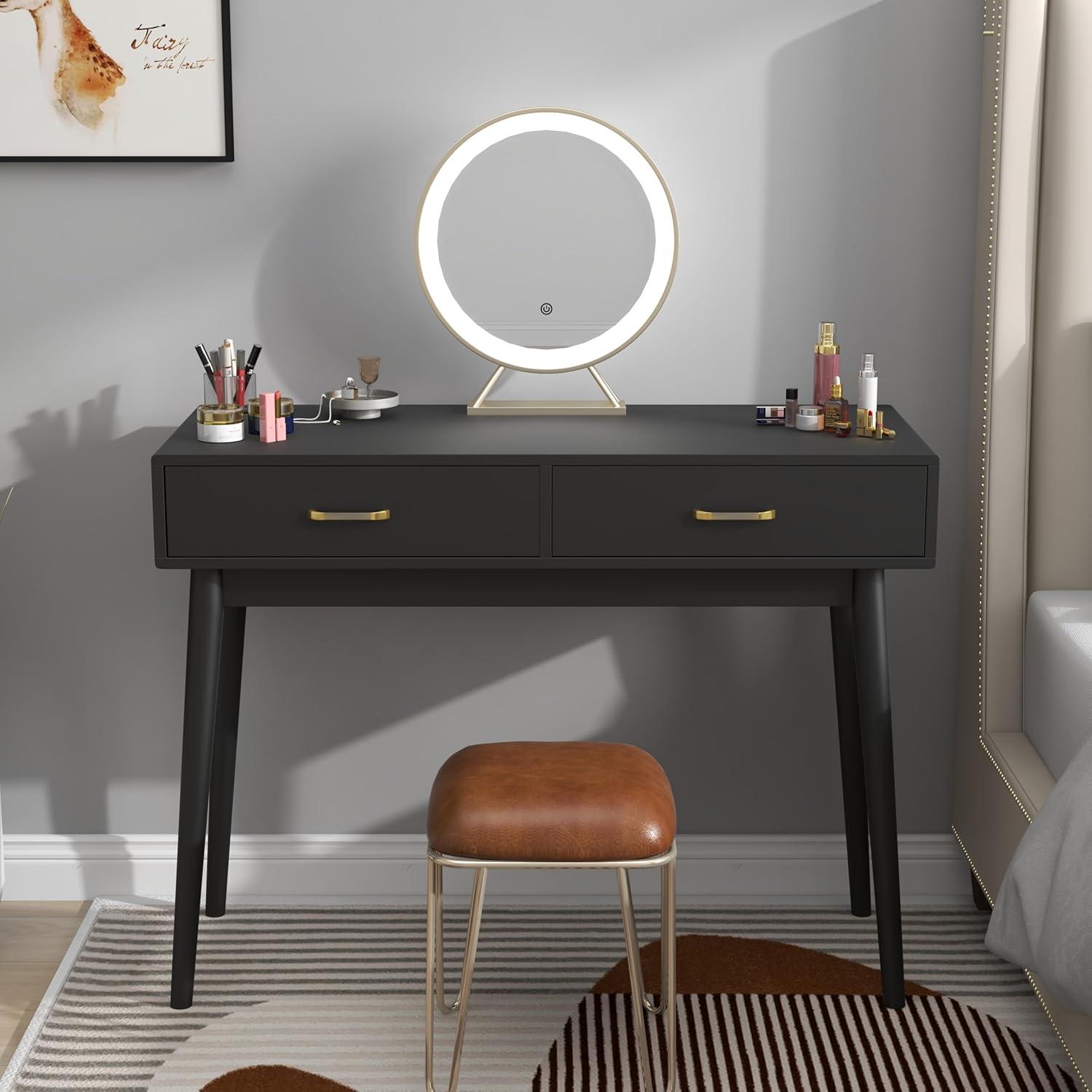 Small White Desk with 2 Drawers, Modern Writing Desk for Small Spaces, Home Office Desk for Study, Laptop Computer Desk for Work, Makeup Vanity Table for Bedroom (White)