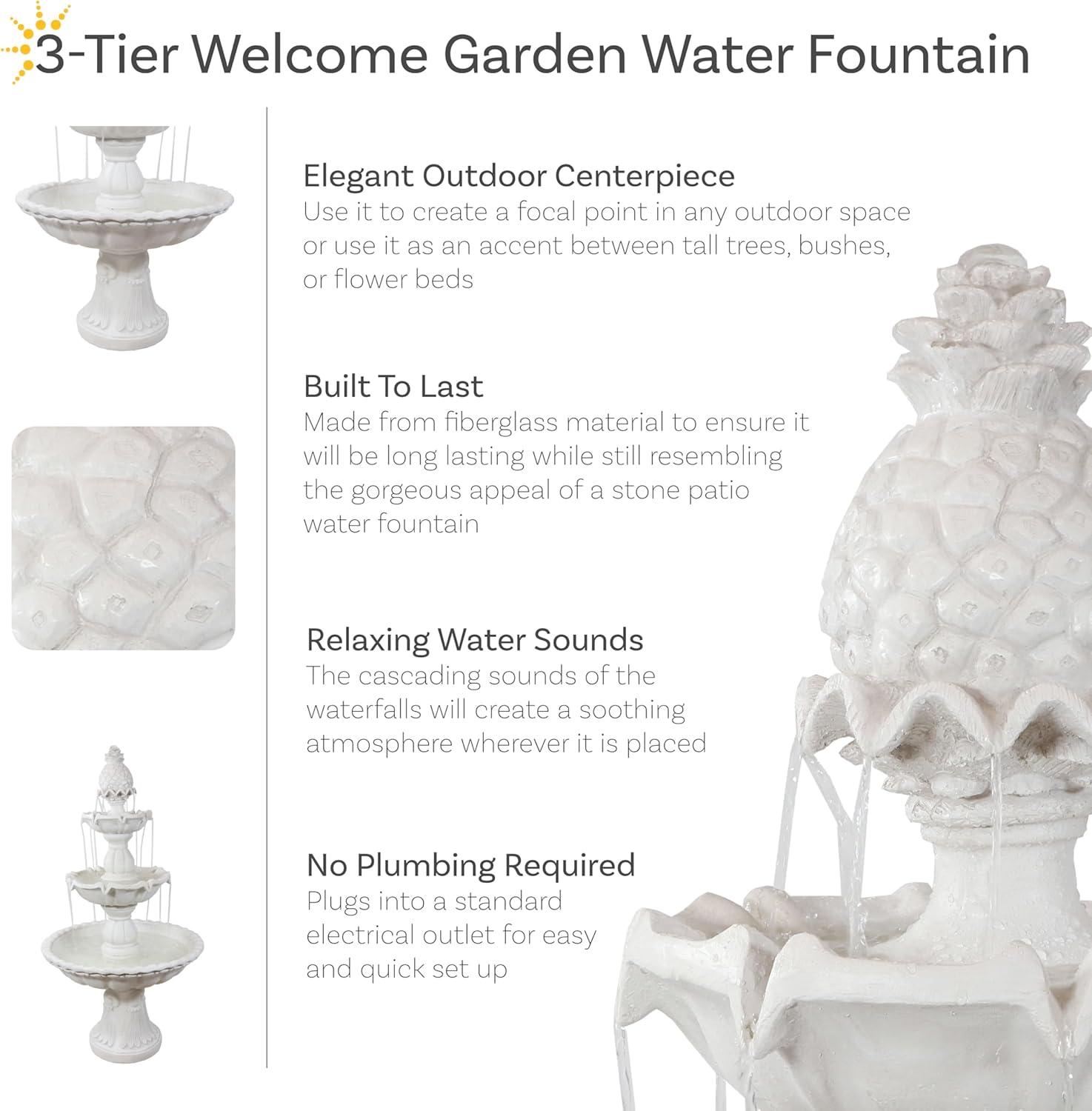Sunnydaze Electric Fiberglass 3-Tier Welcome Pineapple Top Outdoor Water Fountain - 57" - White