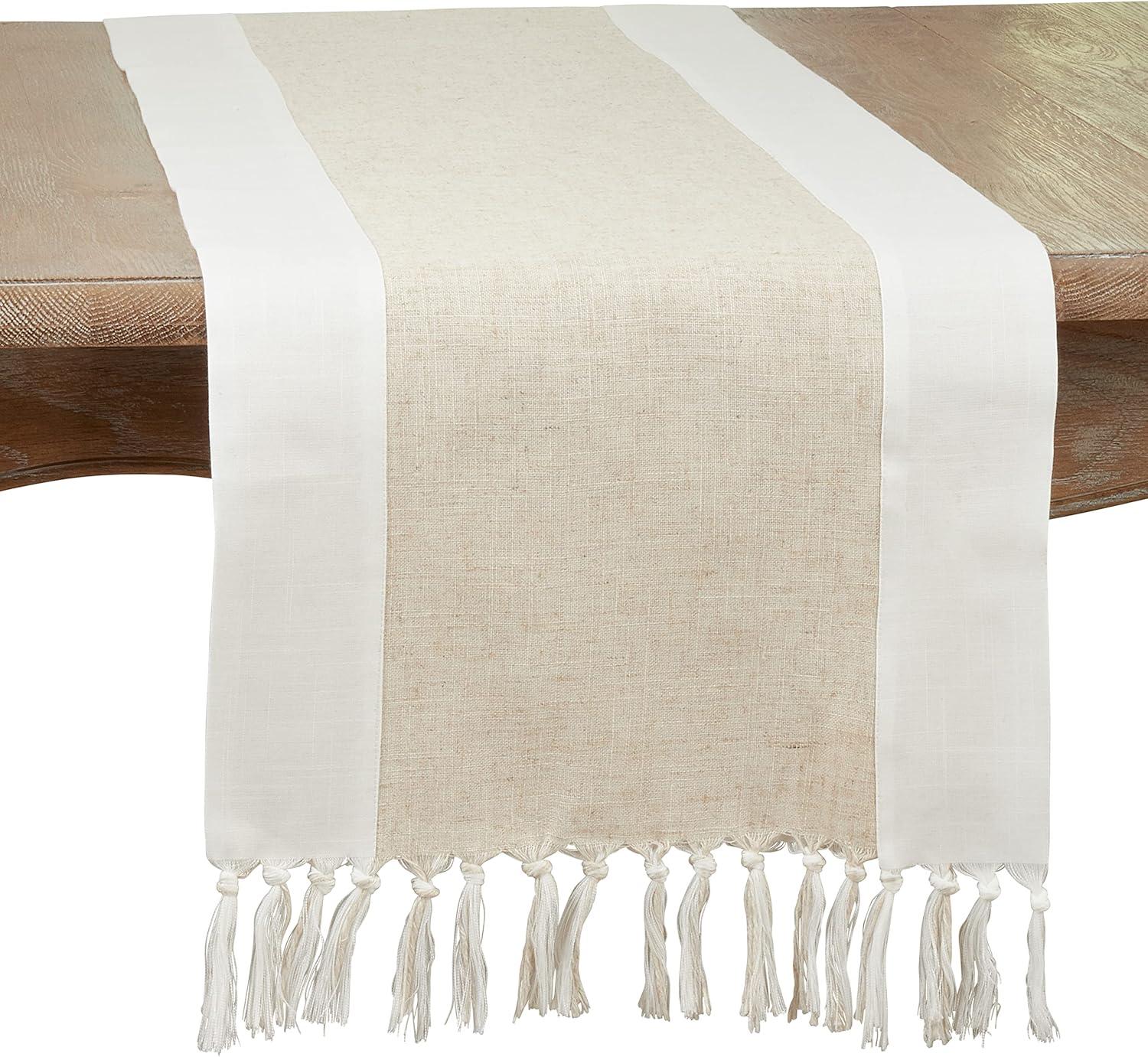 Natural Two-Tone Polyester Table Runner with Tassels