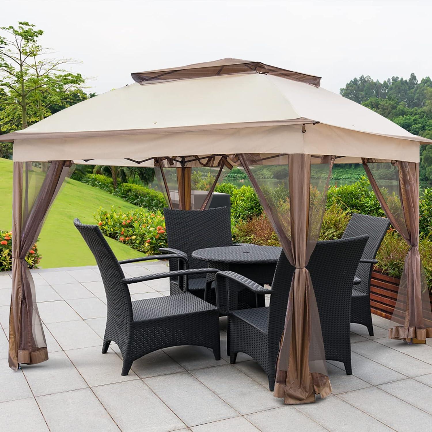 Beige 11' x 11' Metal Pop-Up Gazebo with Mesh Sidewalls