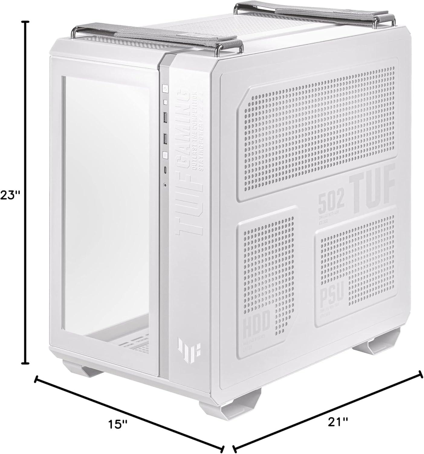 ASUS TUF Gaming GT502 White ATX Mid-Tower Computer Case with Front Panel RGB Button, USB 3.2 Type-C and 2x USB 3.0 Ports, 2- way Graphic Card Mounting Orientation Compatible, 360mm and 280mm Radiator