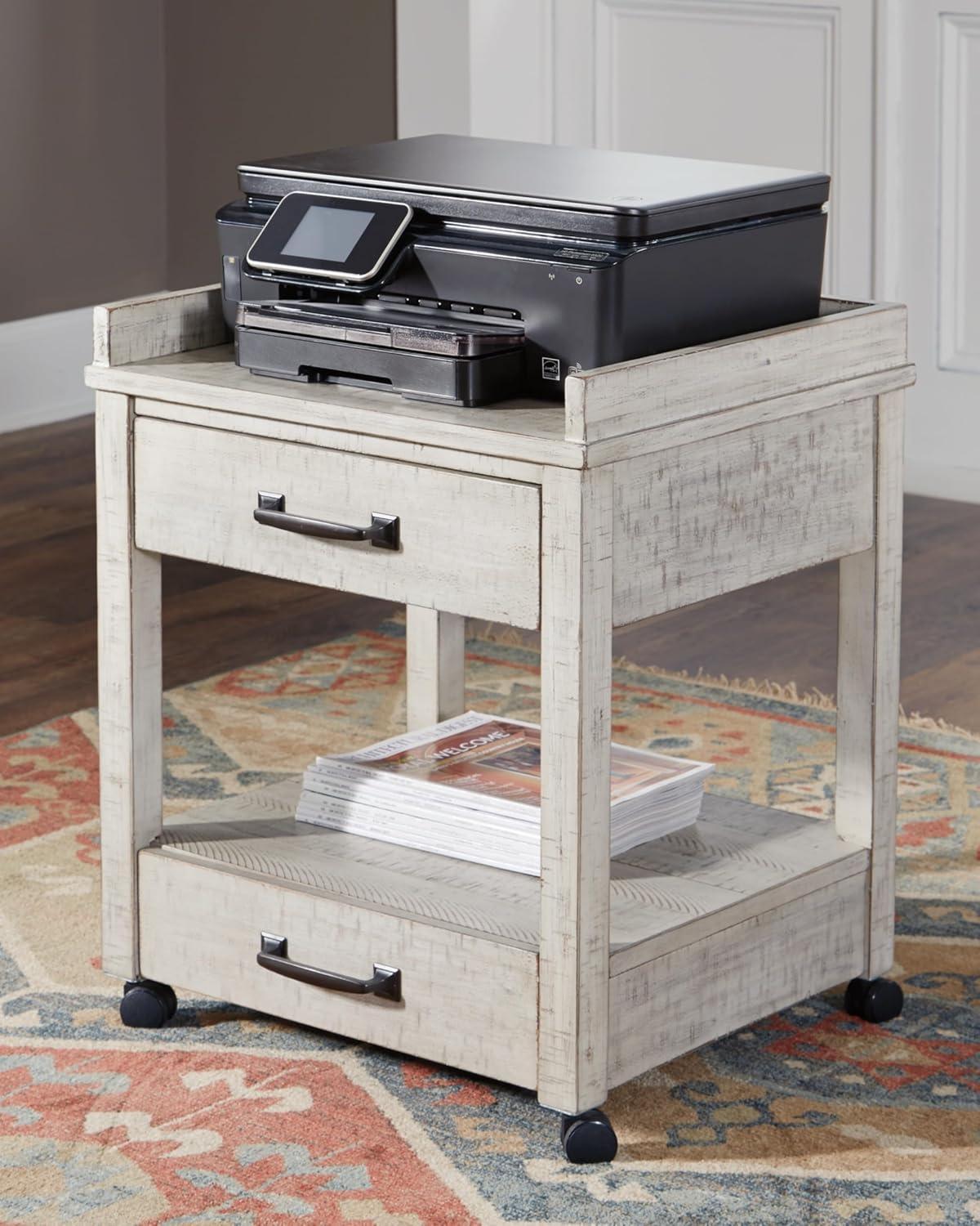 Carynhurst Printer Stand Beige - Signature Design by Ashley: Mobile Cart, 2 Drawers, USB Ports