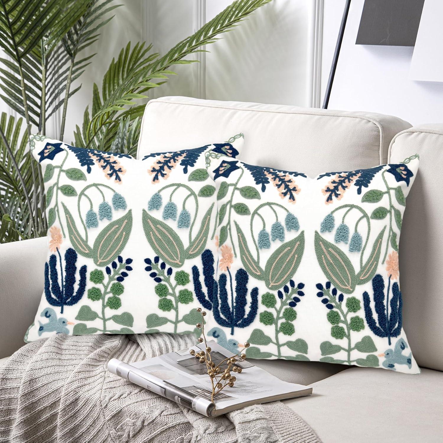 Navy and Green Floral Embroidered Cotton Euro Pillow Covers