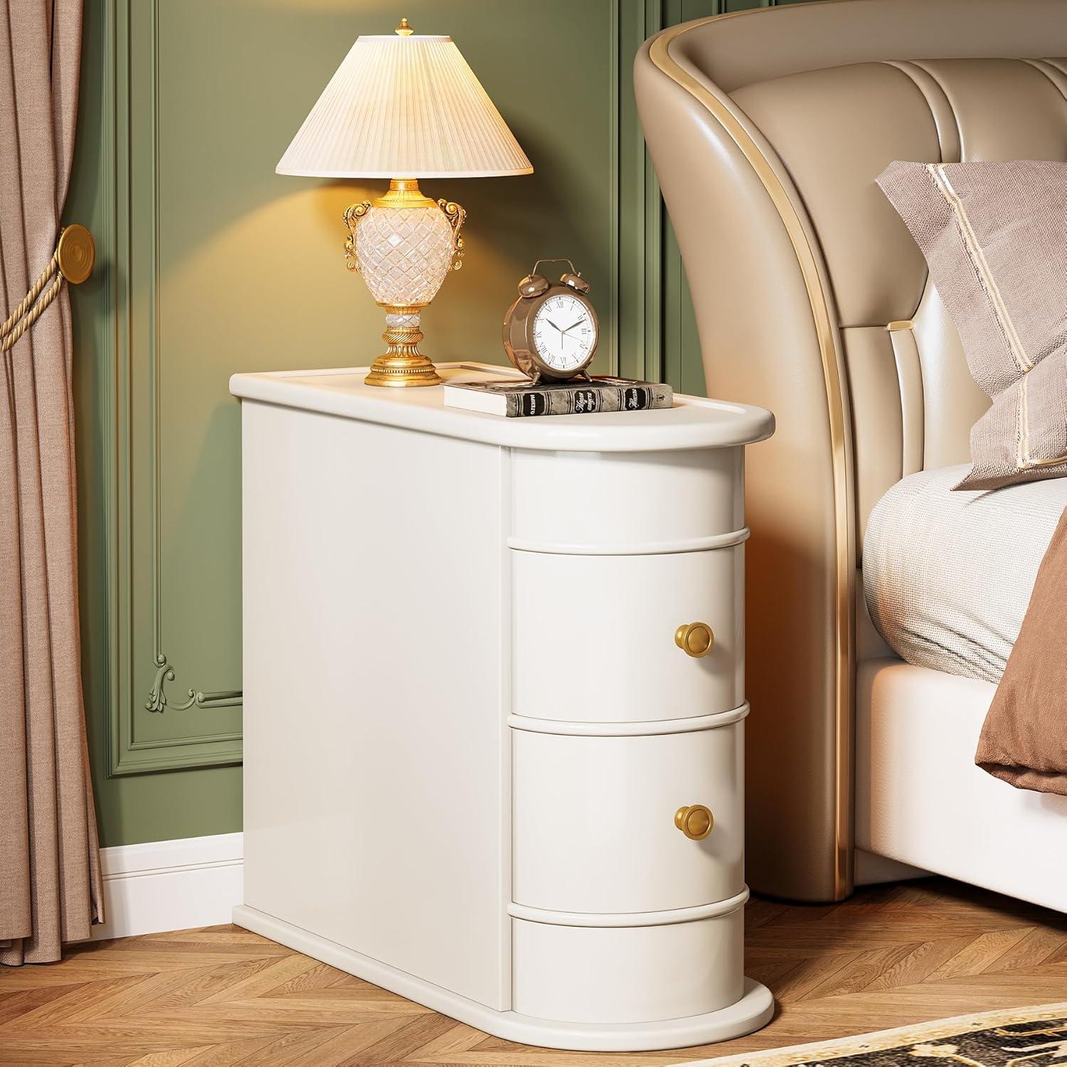 Hommoo Wood Narrow Nightstand with 2 Drawers Off-White
