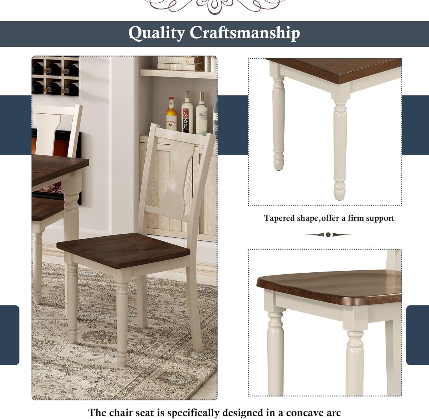 Classic 6-Piece Dining Set with Wooden Table and 4 Chairs,Rubber Wood Structure W/One 2-Person Bench,for Living Room Dining Room,Brown+Cottage White