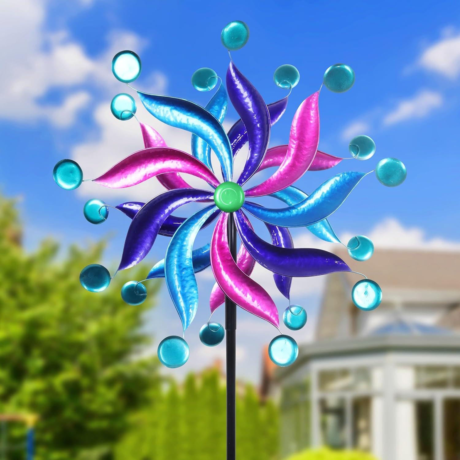 Exhart Kinetic Double Pinwheel Spinner Garden Stake, 24 by 84 Inches