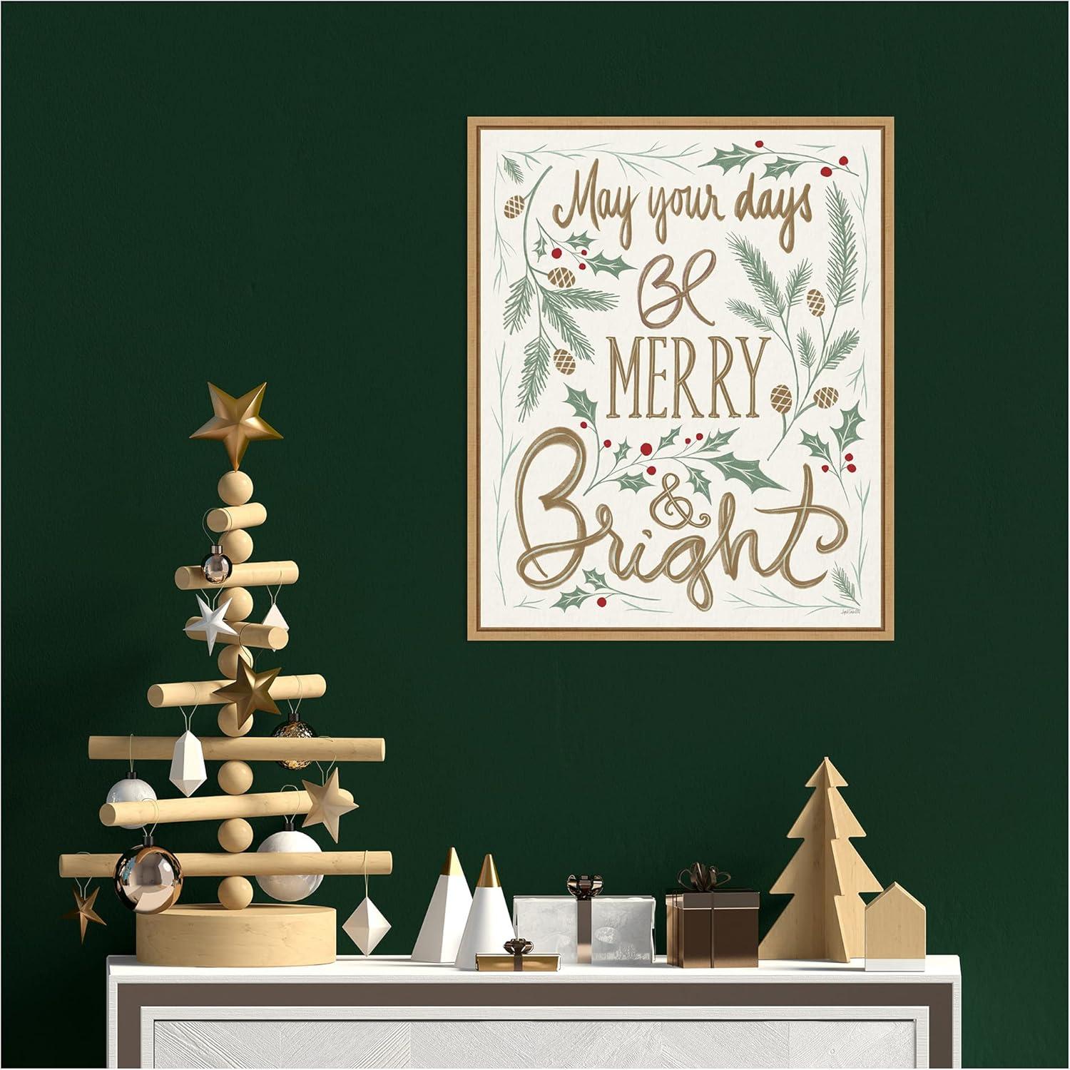 Merry and Bright Holly Christmas Canvas Framed Wall Art