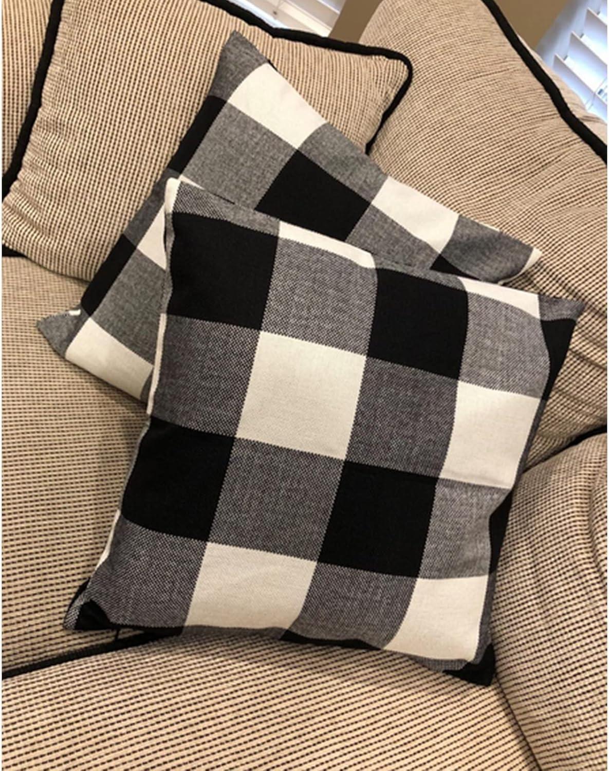 Set of 2 Check Plaid Throw Pillow Covers Cushion Case Polyester Linen for Fall Home Decor , 18 x 18 Inches