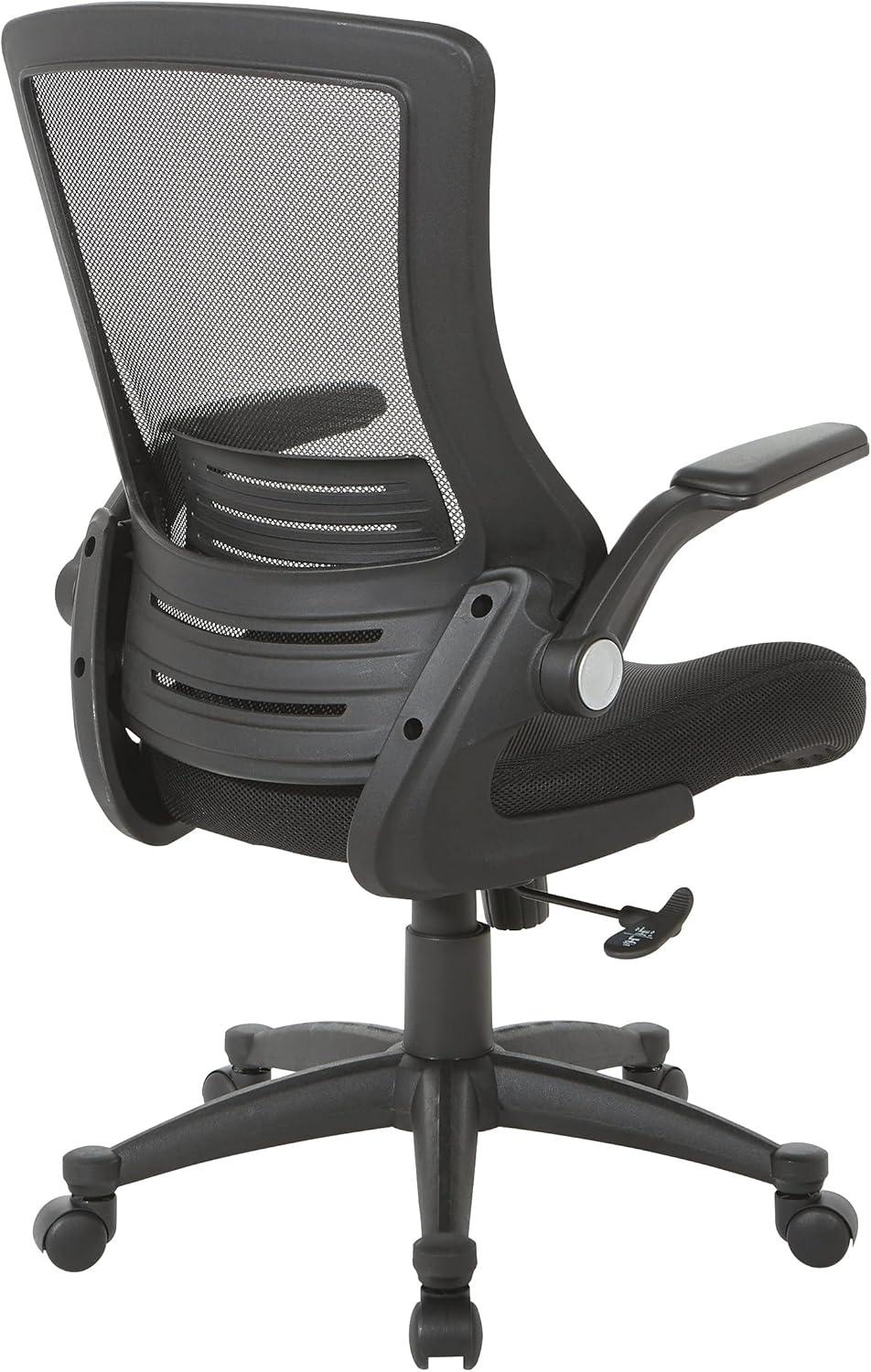 Office Star Products Screen Back Manager's Chair in Black Mesh Seat with PU Padded Flip Arms with Silver Accents