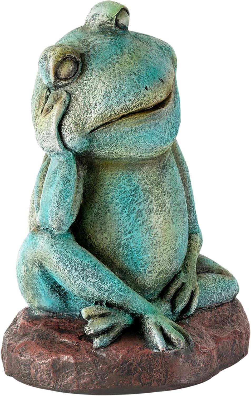 15" Magnesium Oxide Pensive Frog Statue - Alpine Corporation: Garden Decor, Zen722 Collection