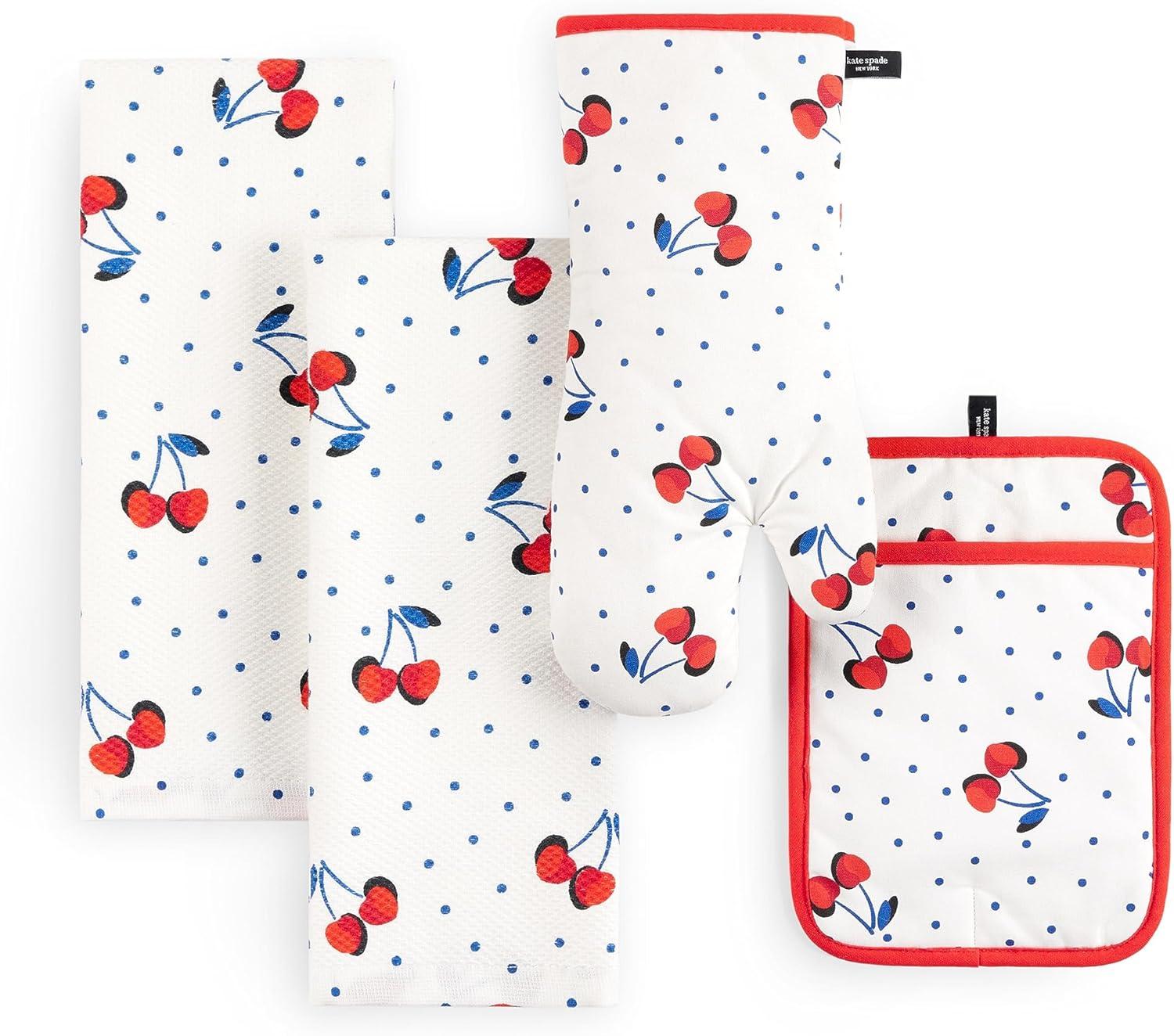 Kate Spade New York Cherry Dot Kitchen Towel, Oven Mitt & Pot Holder 4-Pack, Absorbent & Heat Resistant, 100% Cotton