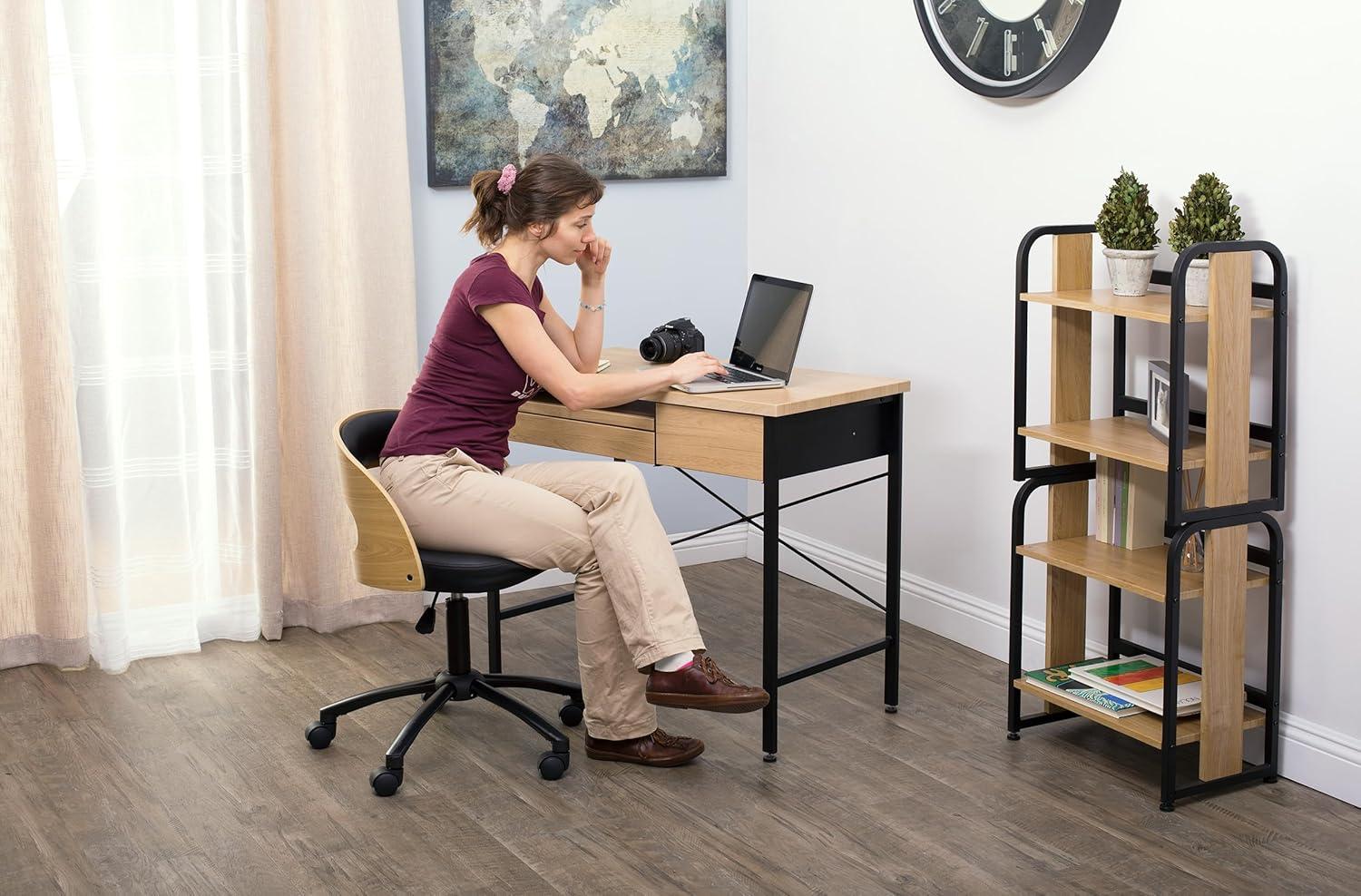 studio designs Ashwood Compact Home Office Desk with Drawers in Ashwood/Black: Laminated Writing Desk with Metal Frame, Keyboard Tray