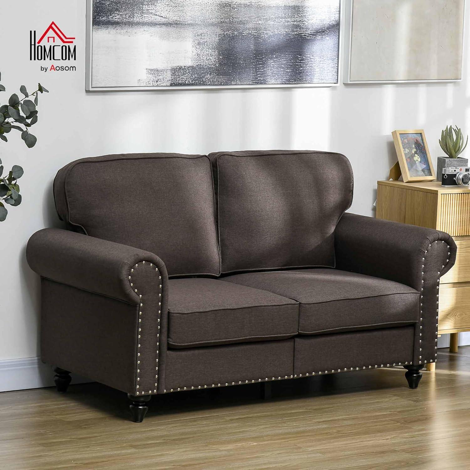 Dark Brown Fabric Upholstered Mid Century Modern Loveseat Sofa