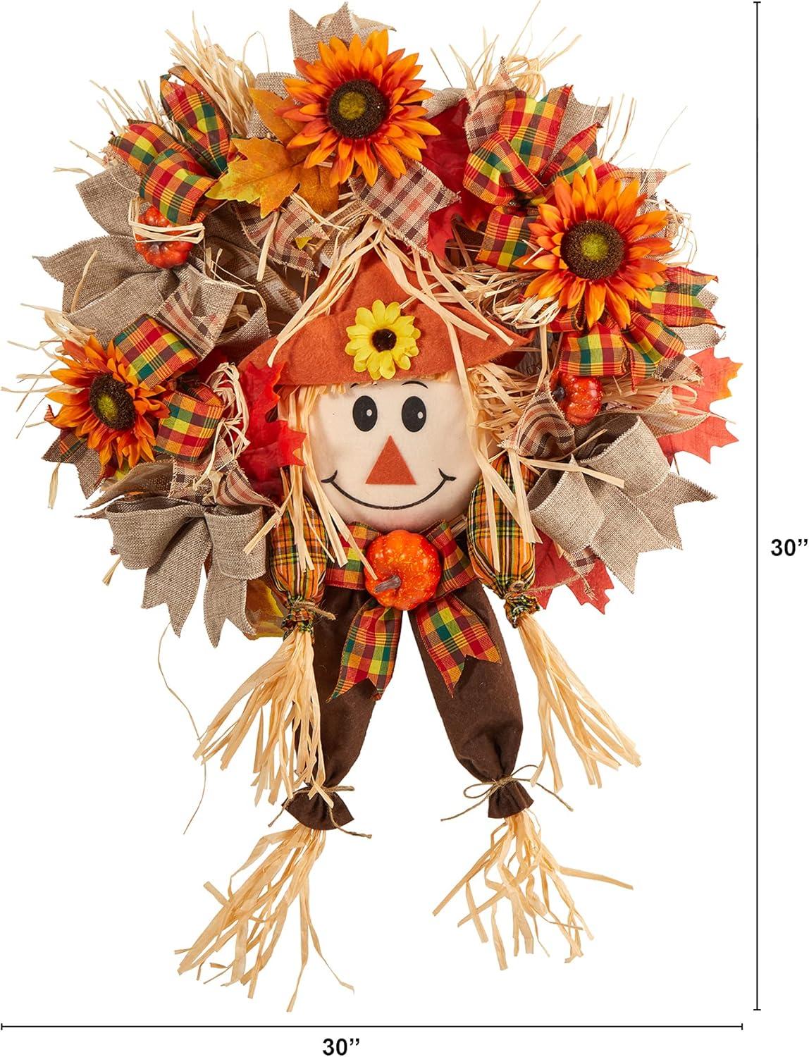 Nearly Natural 30” Scarecrow Fall Artificial Autumn Wreath with Sunflower, Pumpkin and Decorative Bows