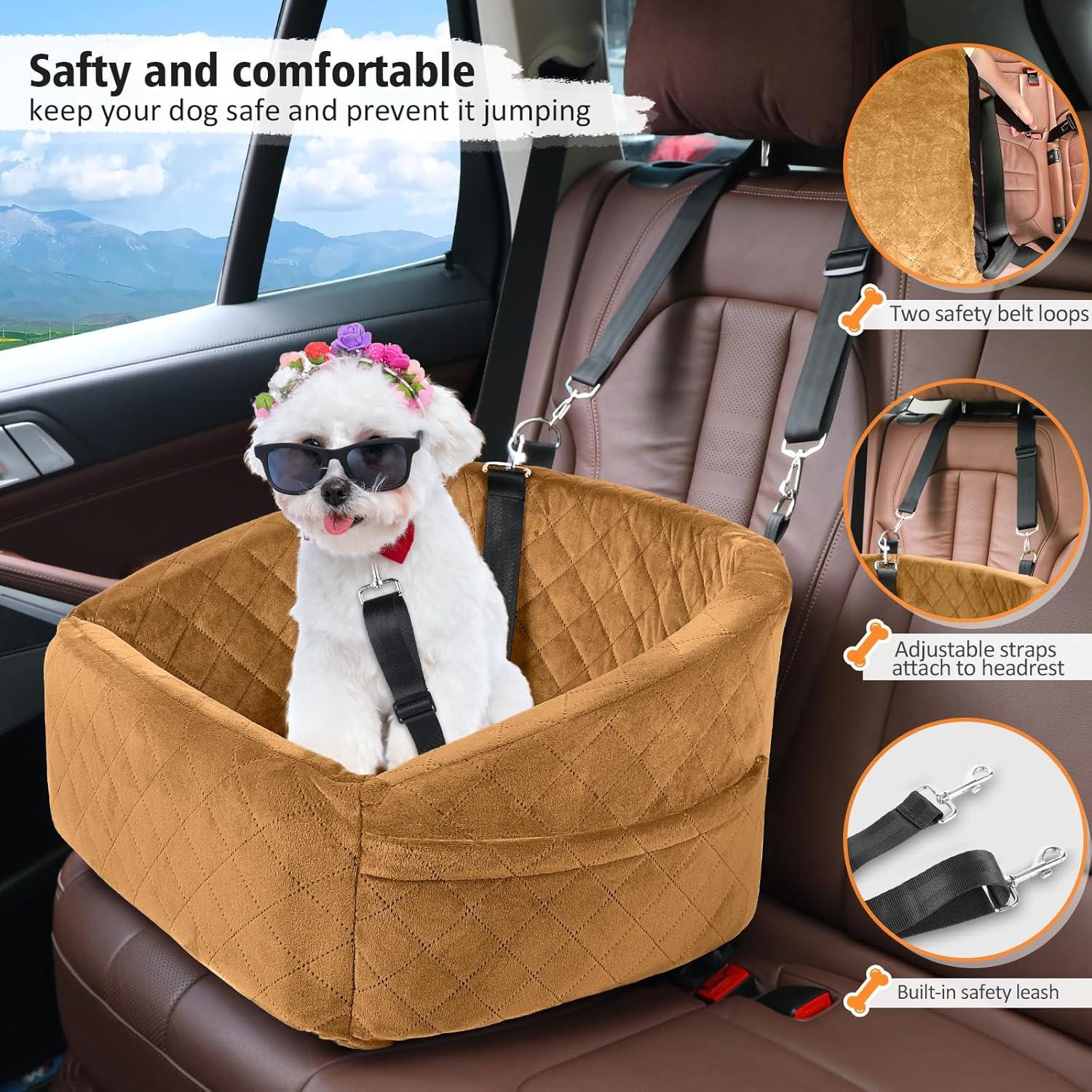 Brown Plush Dog Car Seat with Safety Belt and Storage Pockets