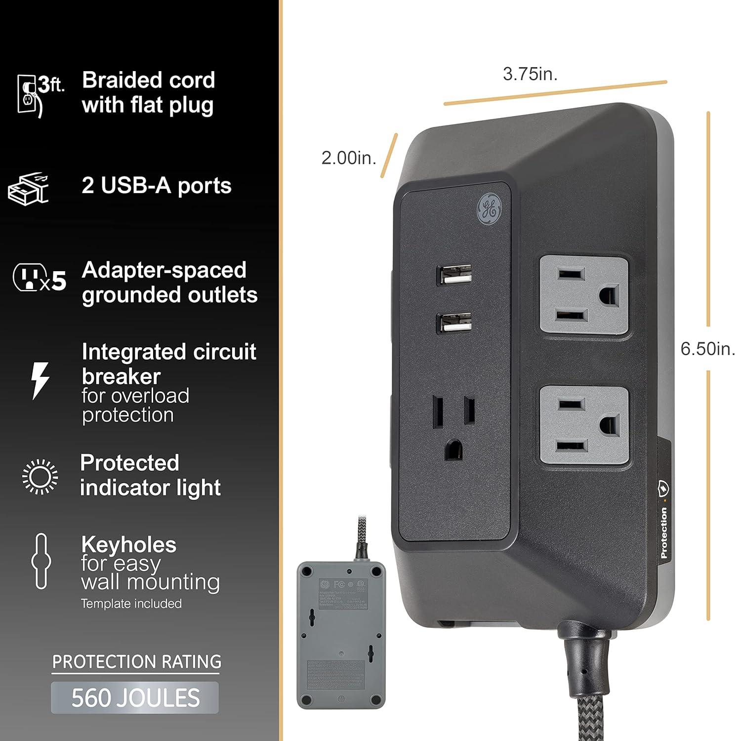 GE Adapt 5-Outlet Surge Protector Power Strip, USB Hub, 3ft Braided Cord, Black