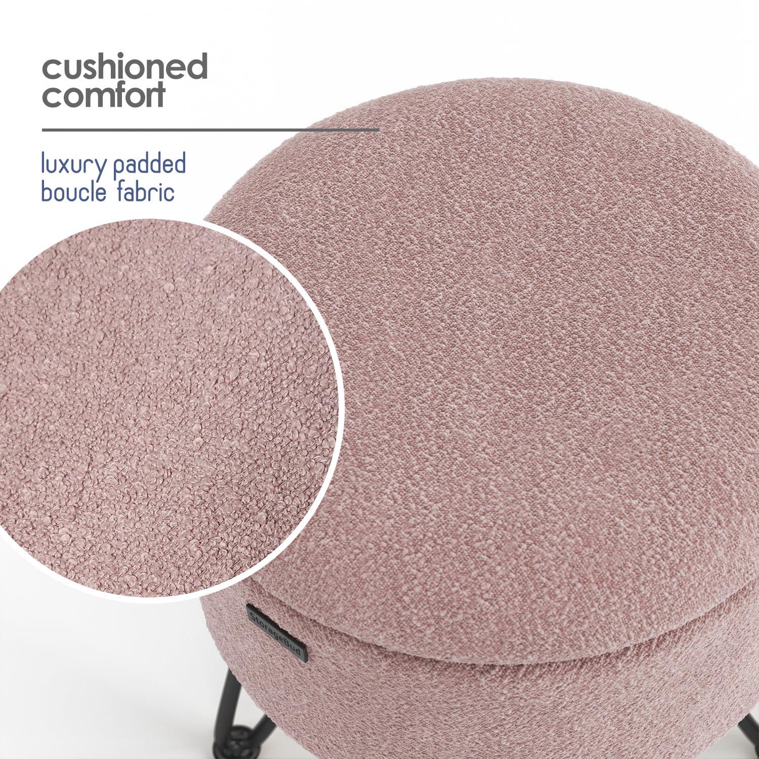 StorageBud Round Ottoman with Storage, Boucle Storage Ottoman, Modern Foot Stool Ottoman for Living Room and Bedroom, Pink/Black Legs