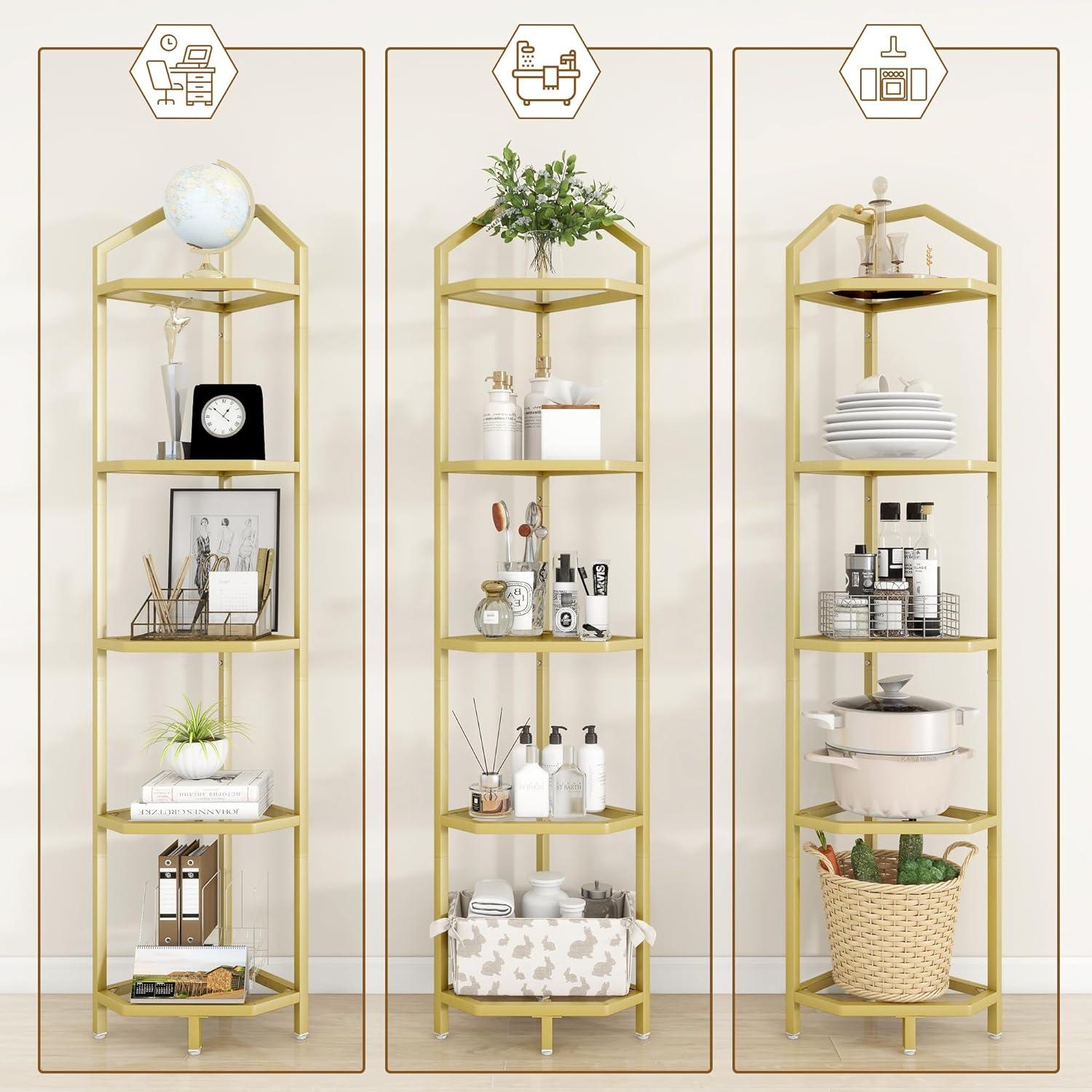 Gold 5-Tier Corner Bookshelf with Tempered Glass Shelves